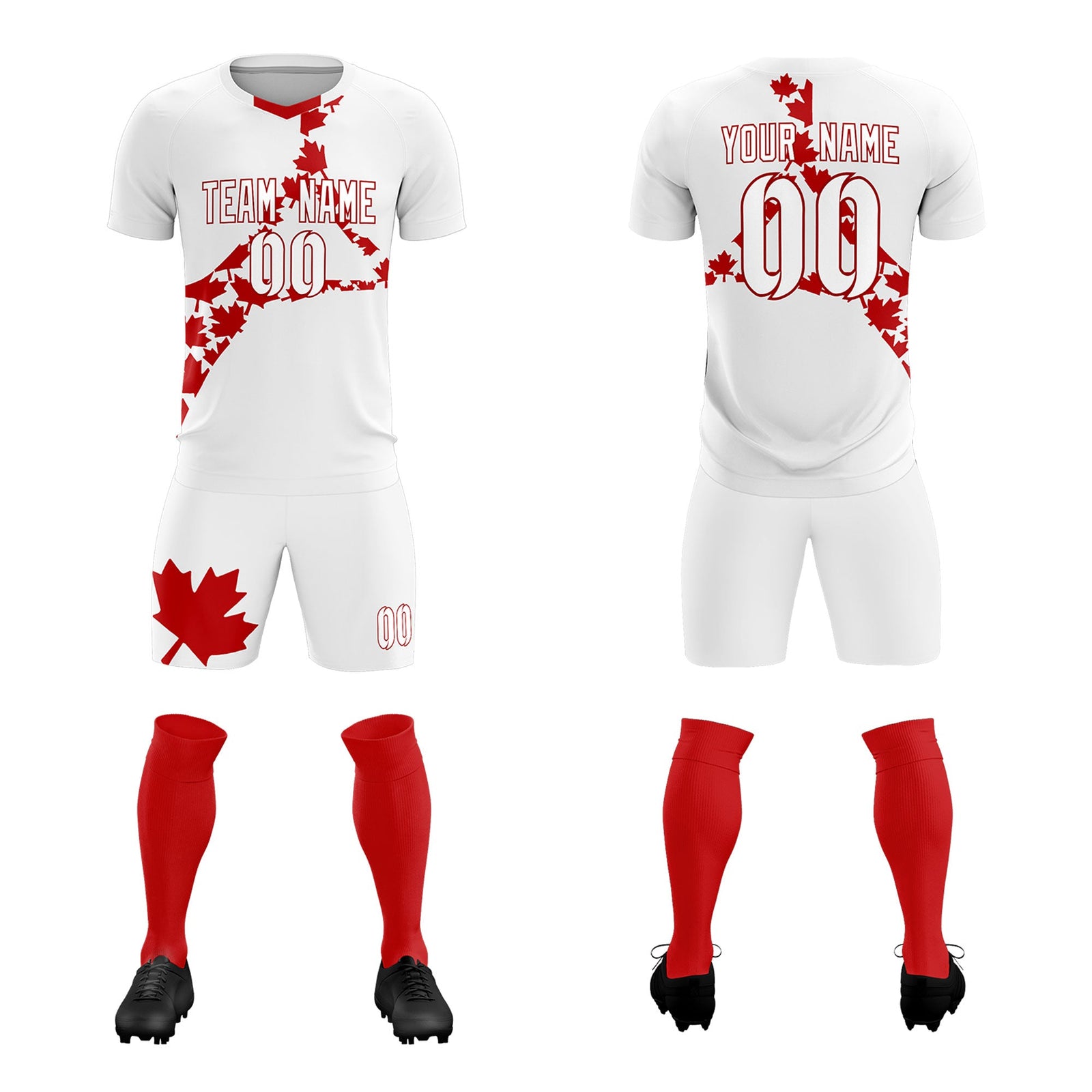 Custom White Red Canada Maple Leaves World Cup Inspired Quick-Drying Graffiti Pattern Soccer Sets Jersey