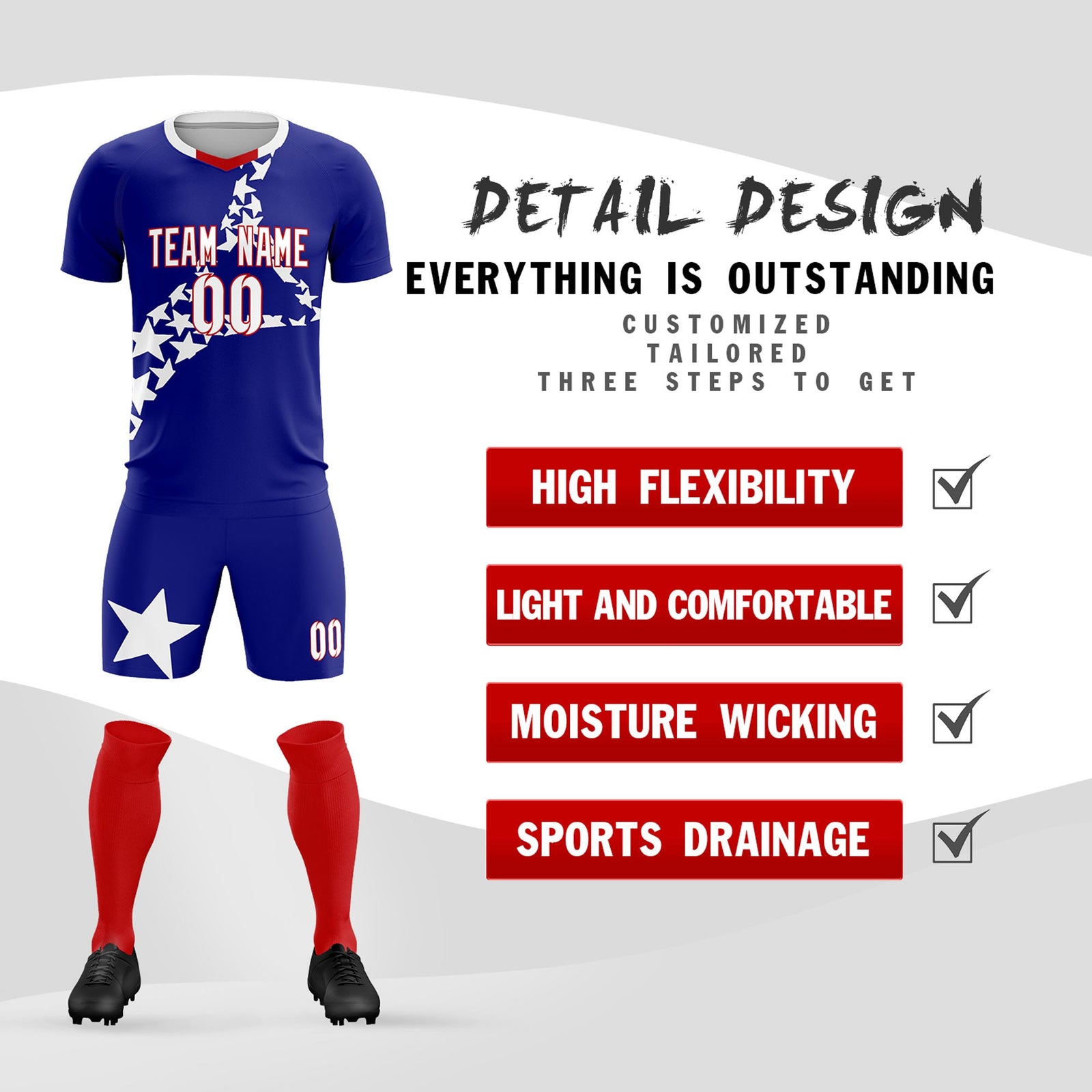 Custom Royal White America Star World Cup Inspired Breathable Graffiti Pattern Soccer Sets Jersey