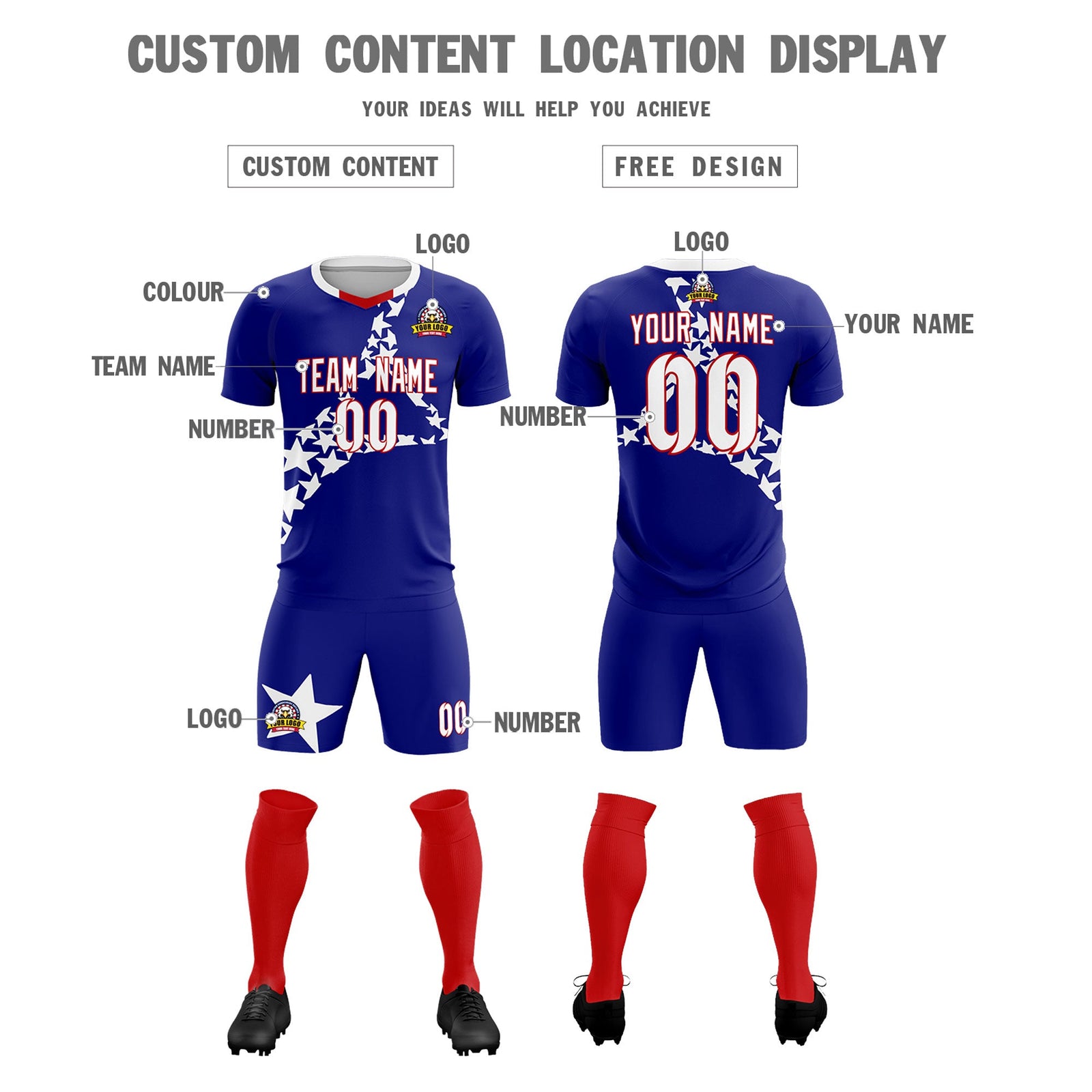 Custom Royal White America Star World Cup Inspired Breathable Graffiti Pattern Soccer Sets Jersey
