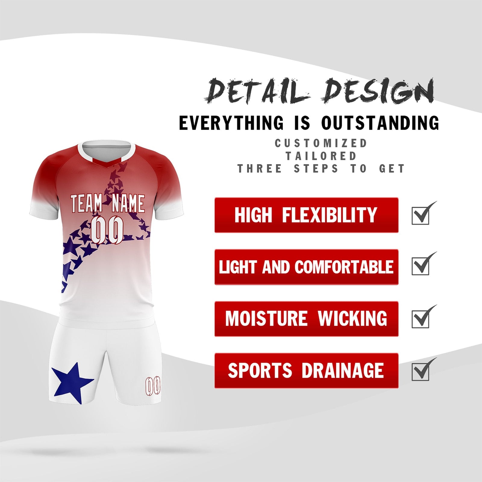 Custom Red Royal America Star World Cup Inspired Quick-Drying Gradient Fashion Soccer Sets Jersey