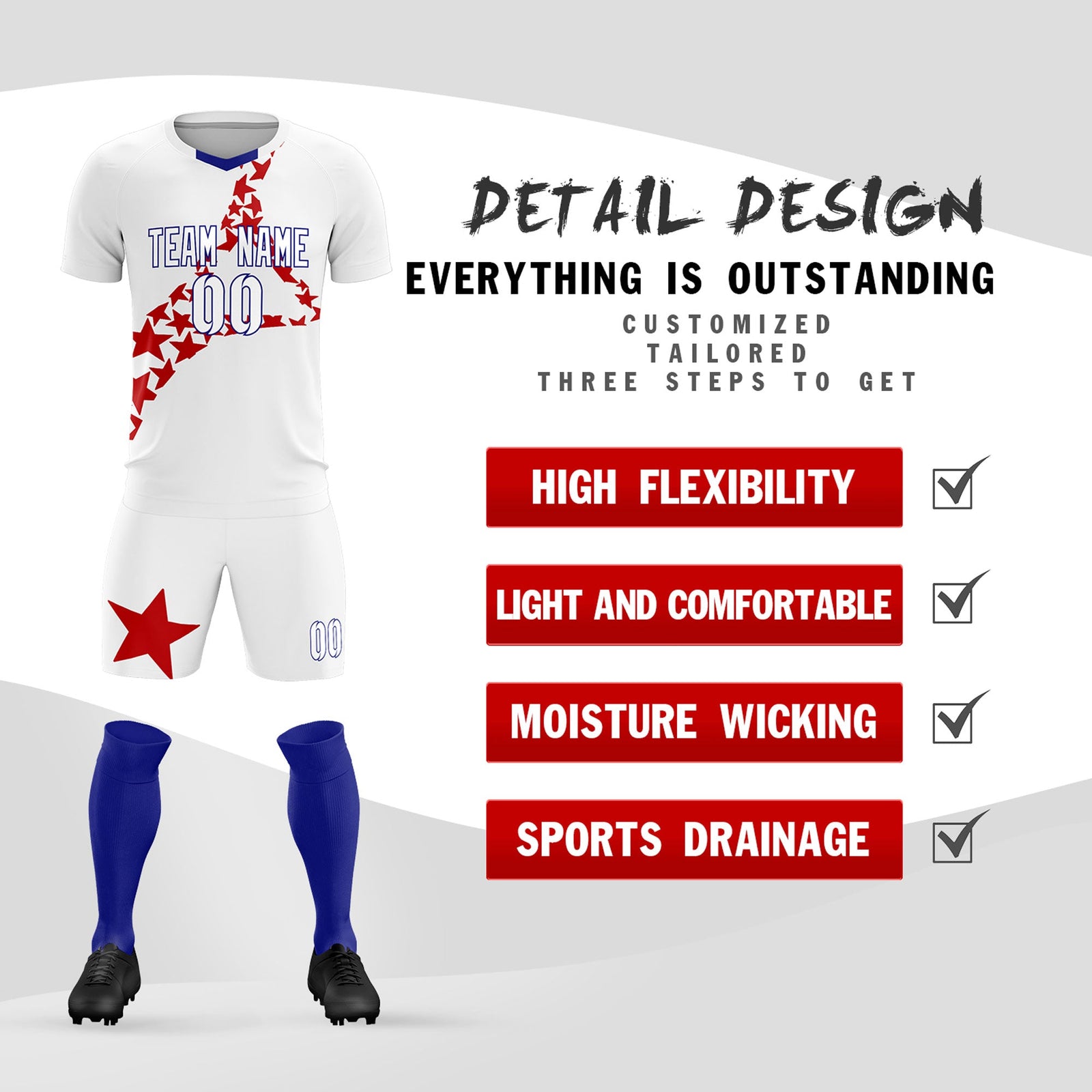Custom White Red America Star World Cup Inspired Lightweight Graffiti Pattern Soccer Sets Jersey