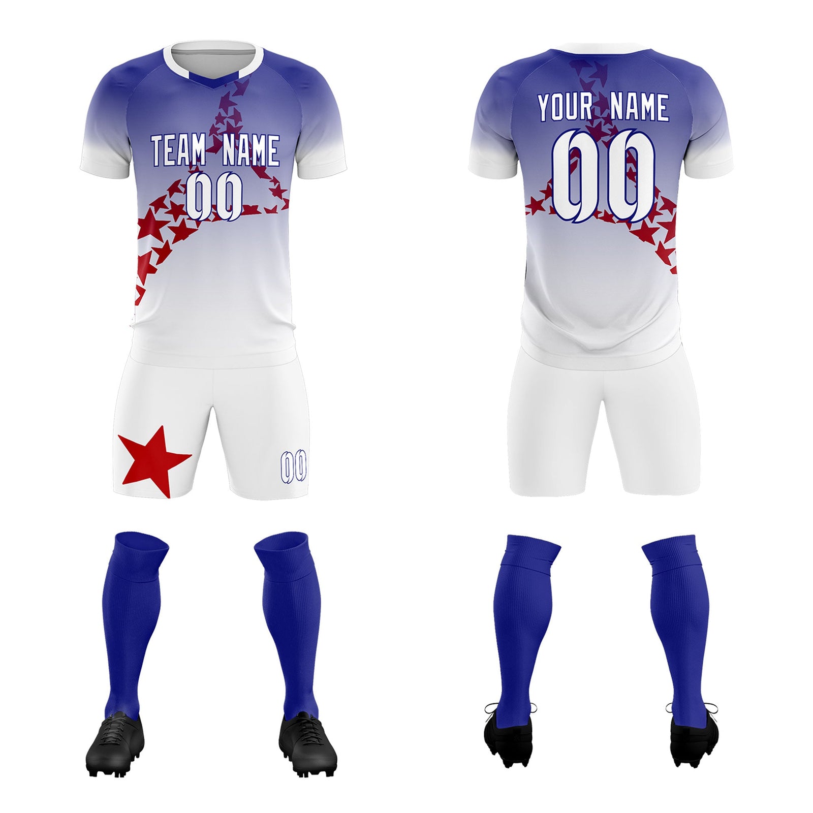 Custom Royal Red America Star World Cup Inspired Drapable Gradient Fashion Soccer Sets Jersey