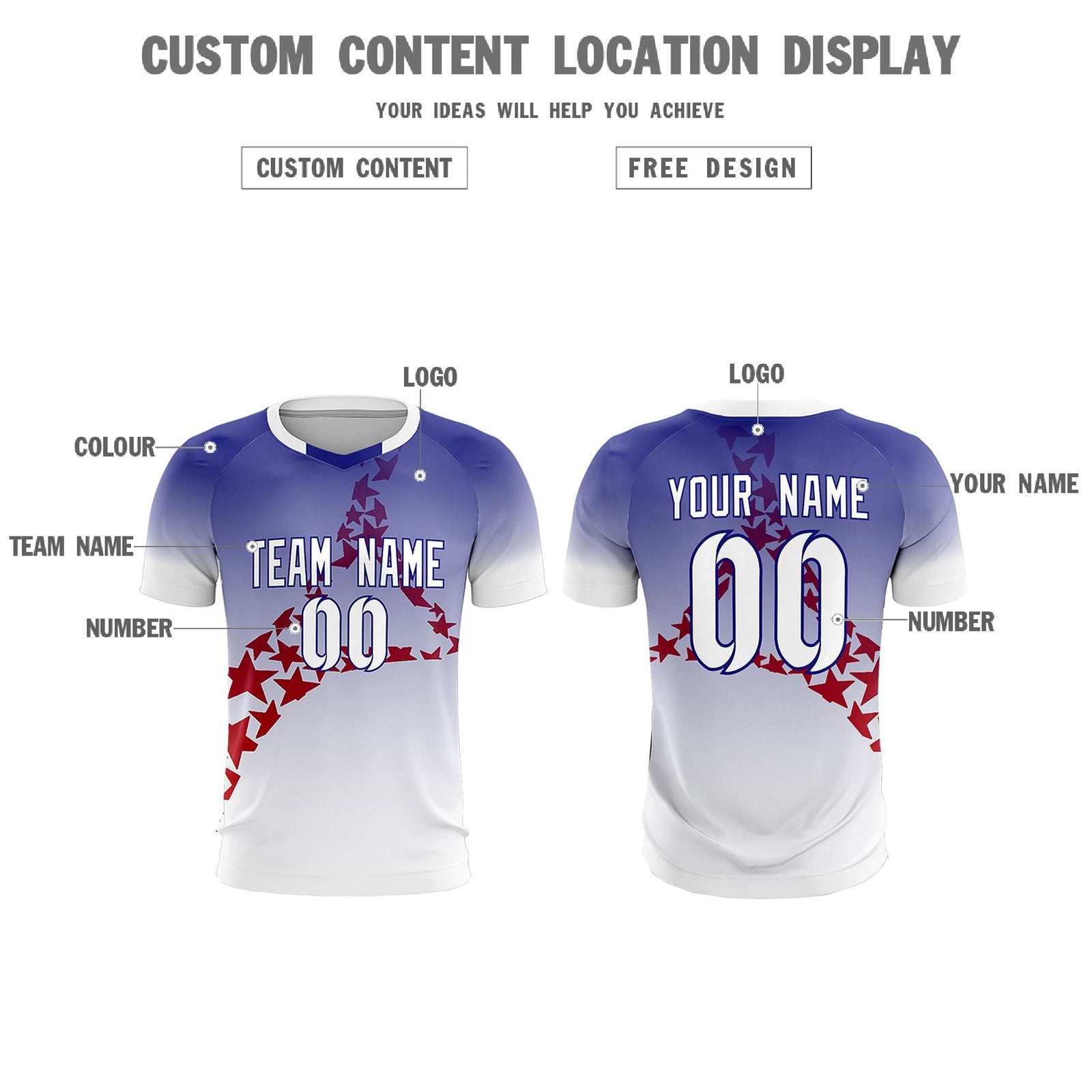 Custom Royal Red America Star World Cup Inspired Drapable Gradient Fashion Soccer Sets Jersey