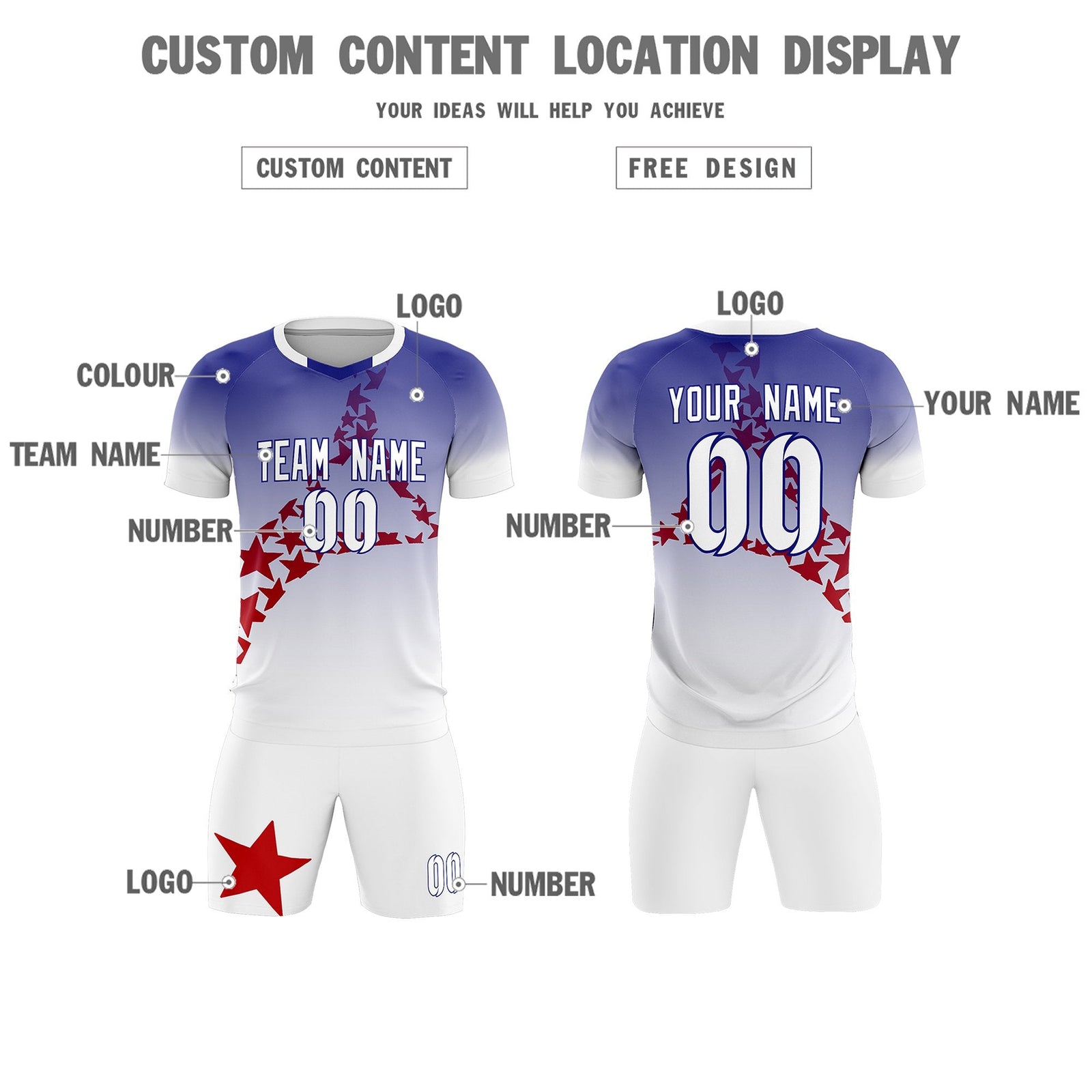 Custom Royal Red America Star World Cup Inspired Drapable Gradient Fashion Soccer Sets Jersey