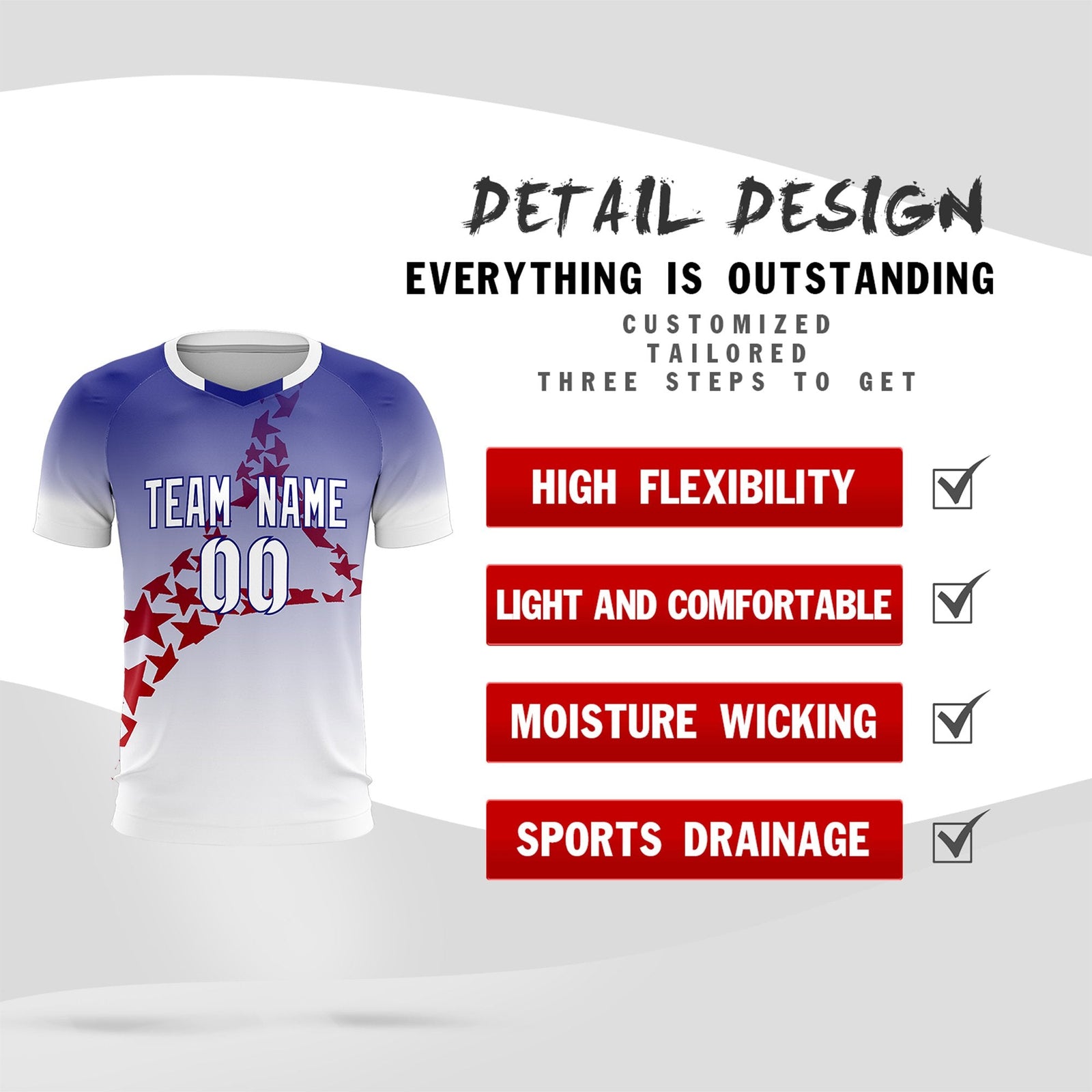 Custom Royal Red America Star World Cup Inspired Drapable Gradient Fashion Soccer Sets Jersey