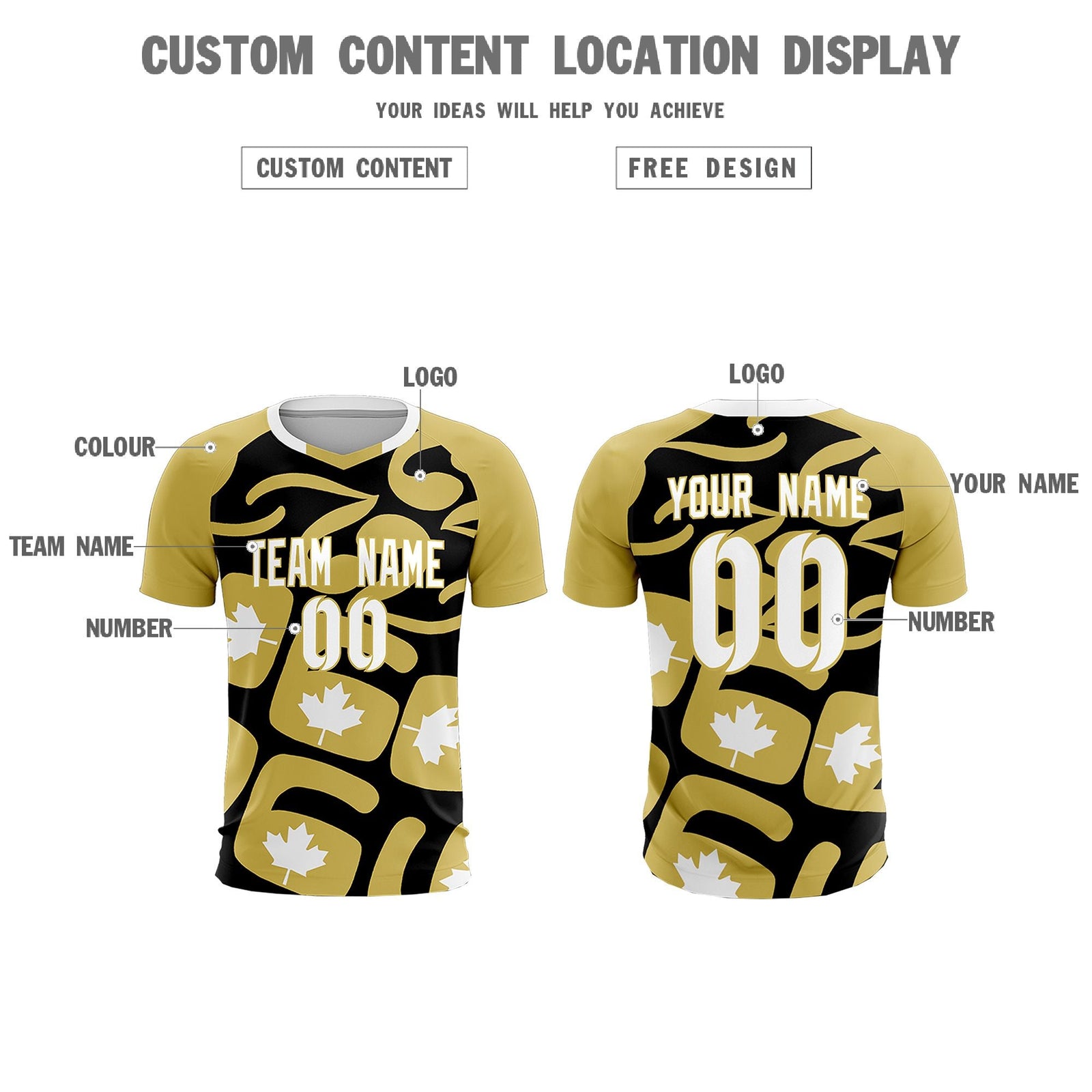 Custom Old Gold Black Canada Maple Leaves World Cup Inspired Drapable Graffiti Pattern Soccer Sets Jersey