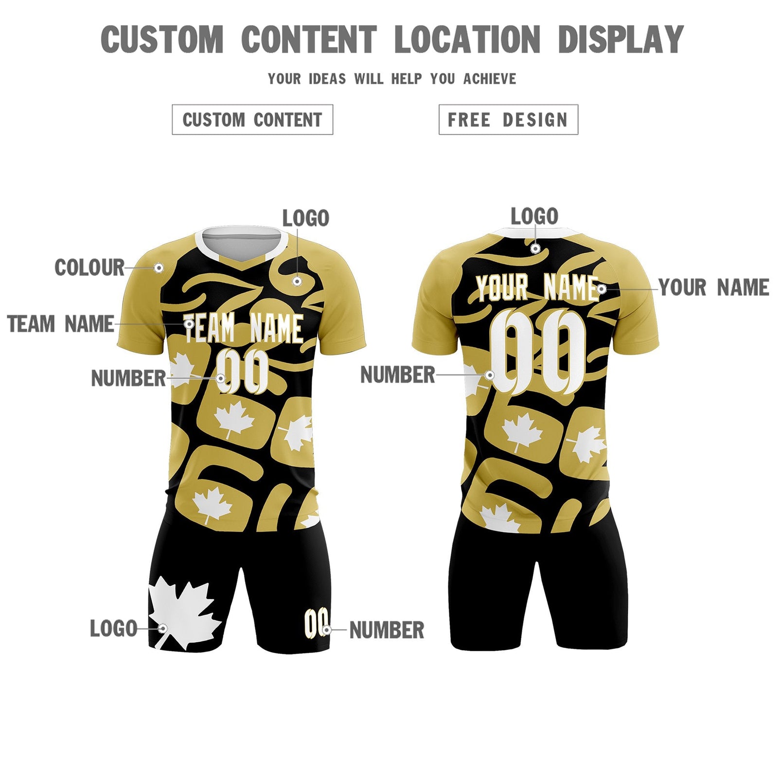 Custom Old Gold Black Canada Maple Leaves World Cup Inspired Drapable Graffiti Pattern Soccer Sets Jersey