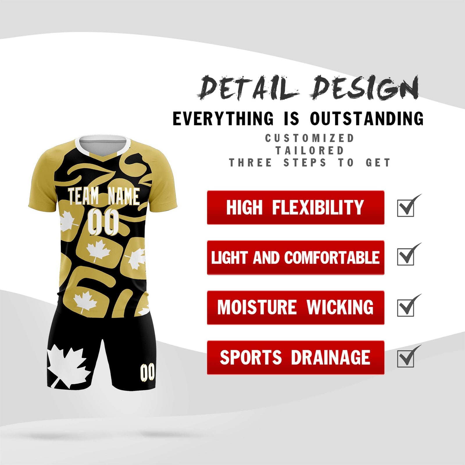 Custom Old Gold Black Canada Maple Leaves World Cup Inspired Drapable Graffiti Pattern Soccer Sets Jersey