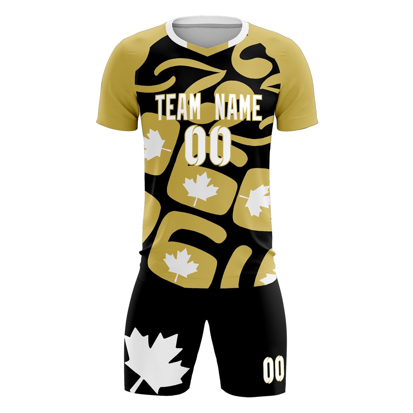 Custom Old Gold Black Canada Maple Leaves World Cup Inspired Drapable Graffiti Pattern Soccer Sets Jersey