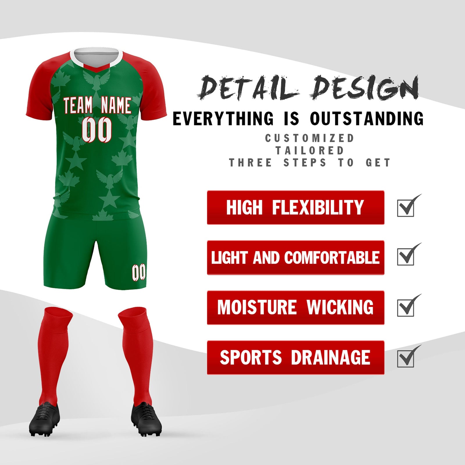 Custom Red Kelly Green World Cup Inspired Lightweight&Drapable Training Uniform Raglan Sleeve Soccer Sets Jersey