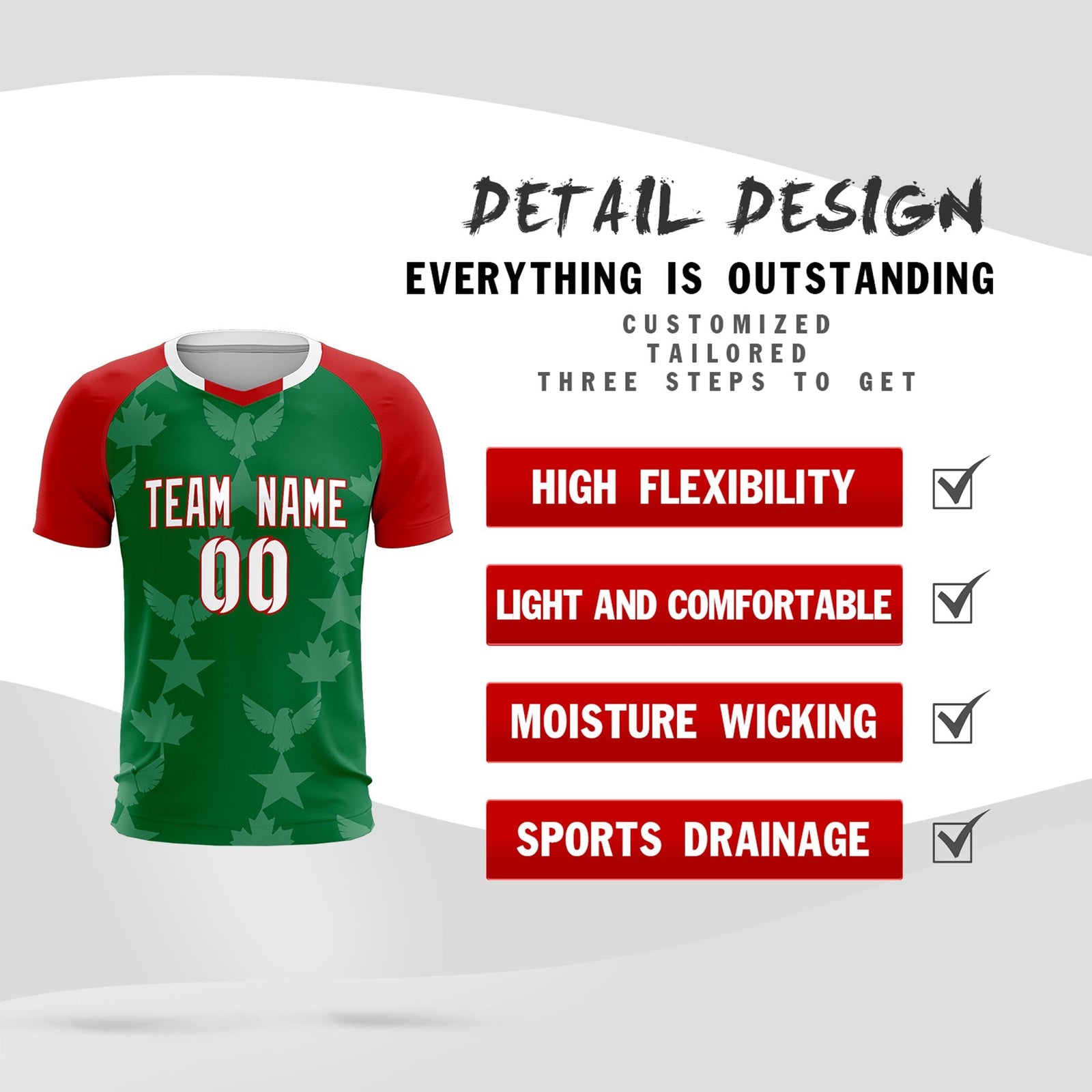 Custom Red Kelly Green World Cup Inspired Lightweight&Drapable Training Uniform Raglan Sleeve Soccer Sets Jersey