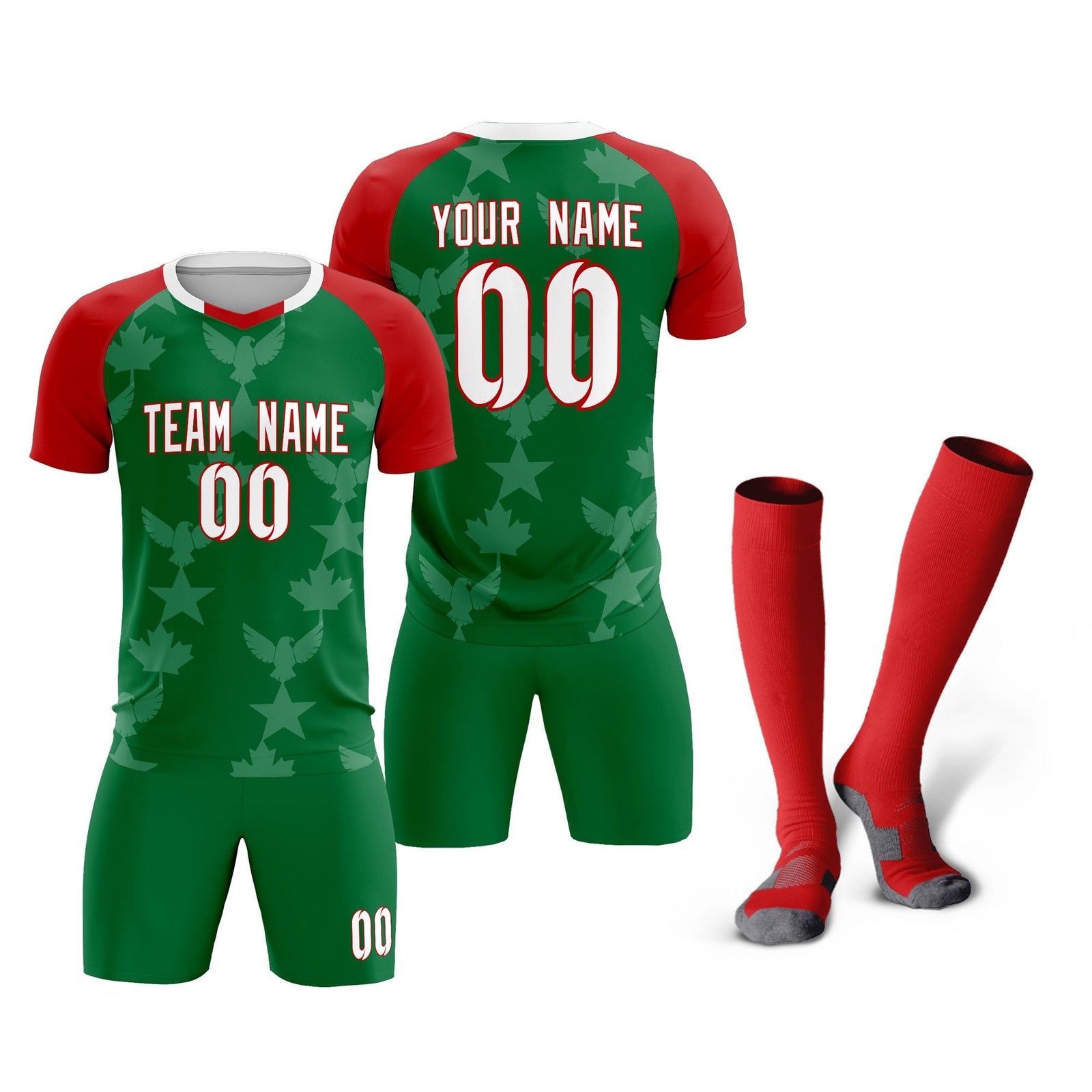 Custom Red Kelly Green World Cup Inspired Lightweight&Drapable Training Uniform Raglan Sleeve Soccer Sets Jersey