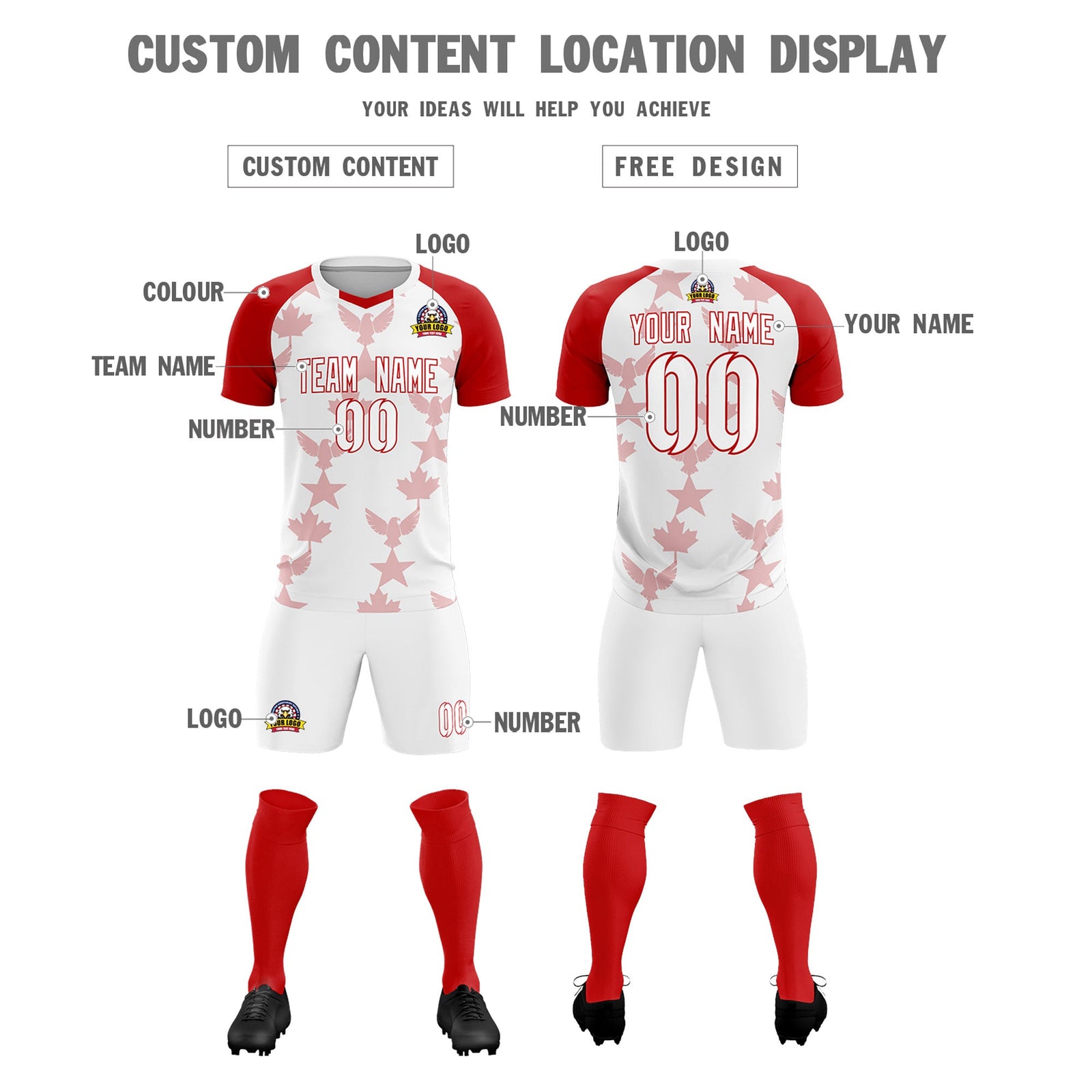 Custom Red White World Cup Inspired Breathable&Quick-Drying Training Uniform Raglan Sleeve Soccer Sets Jersey