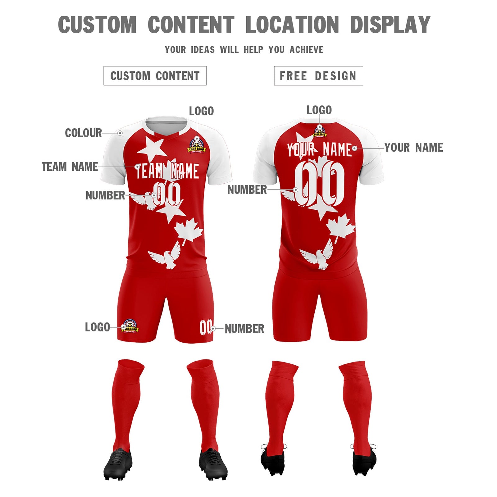 Custom White Red World Cup Inspired Lightweight&Drapable Training Uniform Raglan Sleeve Soccer Sets Jersey