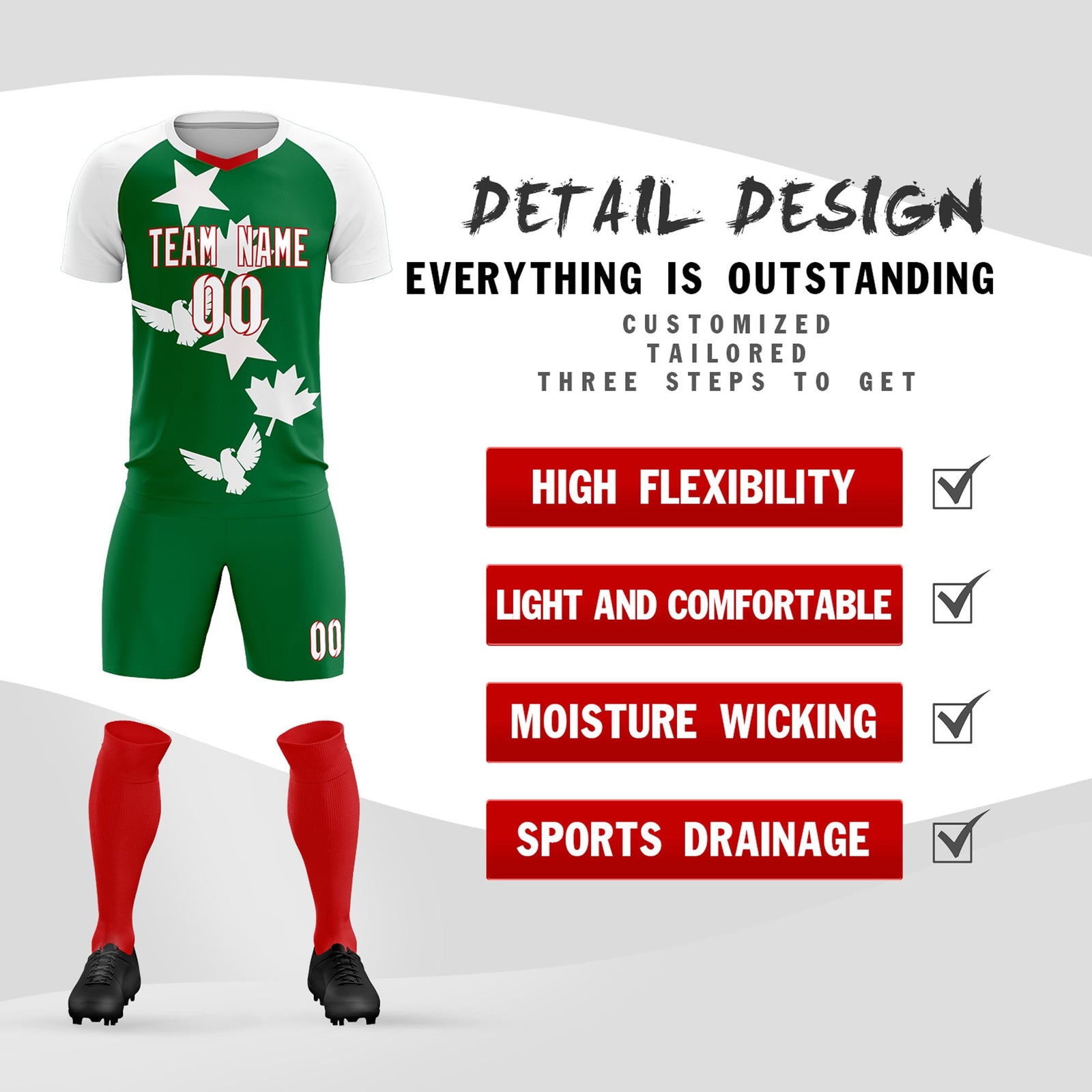 Custom White Kelly Green World Cup Inspired Wrinkle-Resistant Training Uniform Raglan Sleeve Soccer Sets Jersey