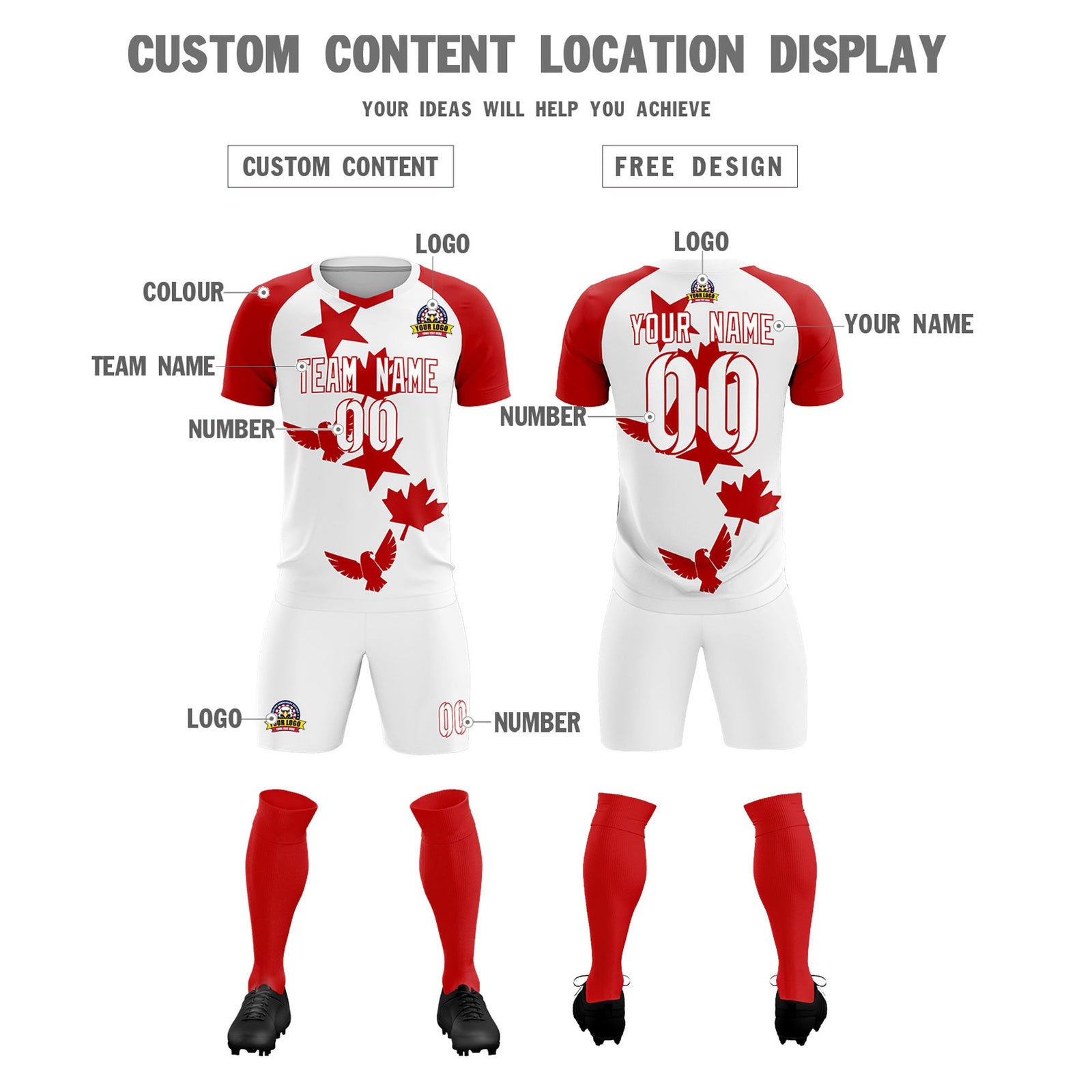 Custom Red White World Cup Inspired Lightweight&Drapable Training Uniform Raglan Sleeve Soccer Sets Jersey