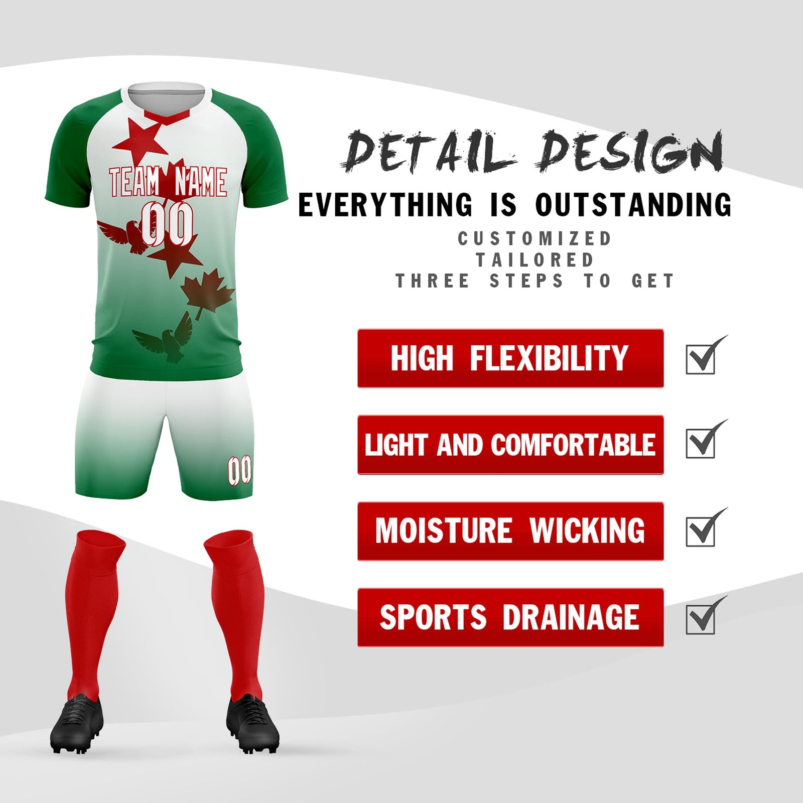 Custom Kelly Green White World Cup Inspired Quick-Drying Training Uniform Gradient Fashion Soccer Sets Jersey