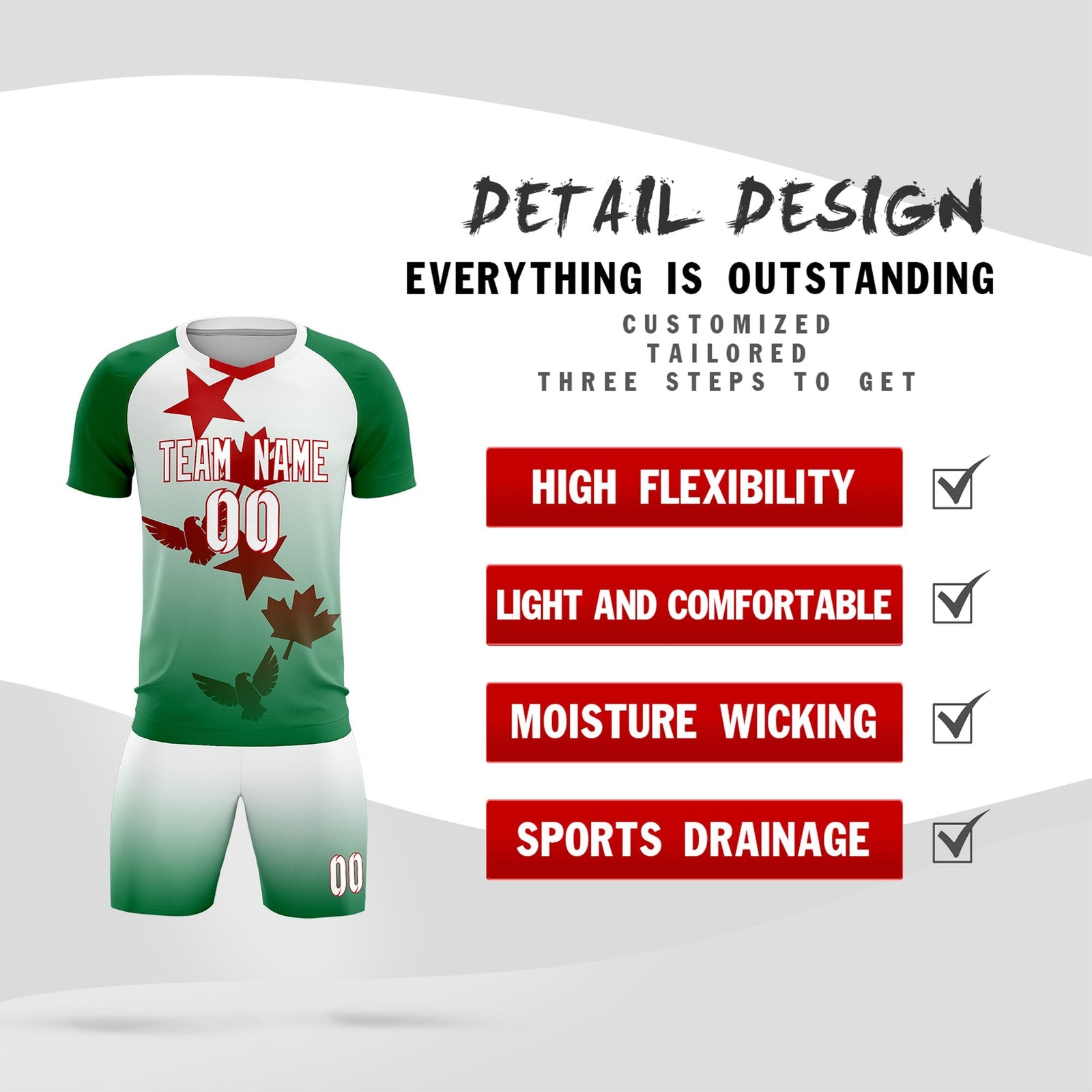Custom Kelly Green White World Cup Inspired Quick-Drying Training Uniform Gradient Fashion Soccer Sets Jersey