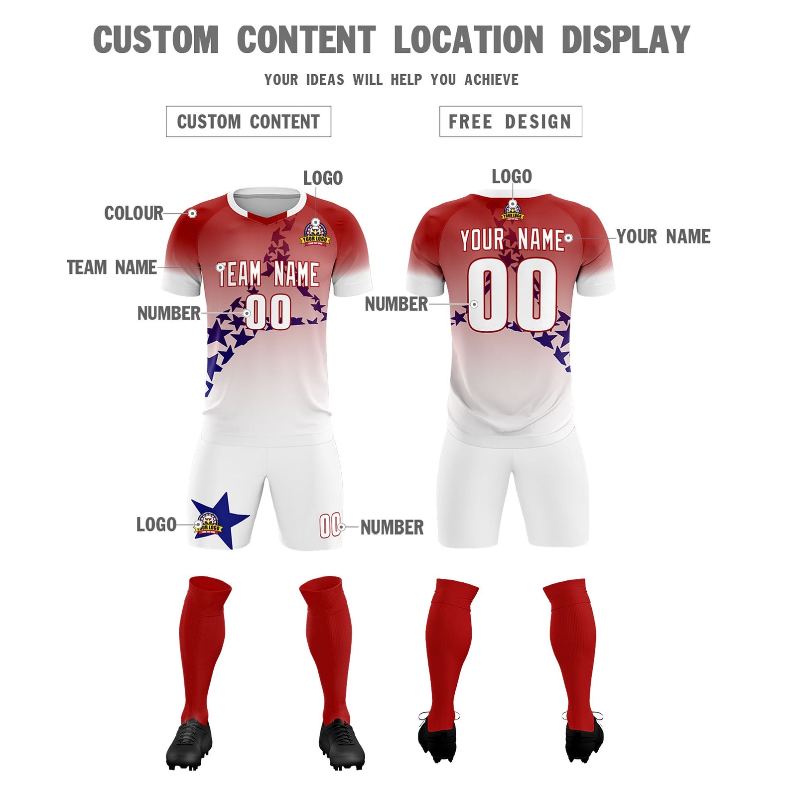 Custom Red Royal America Star World Cup Inspired Quick-Drying Gradient Fashion Soccer Sets Jersey