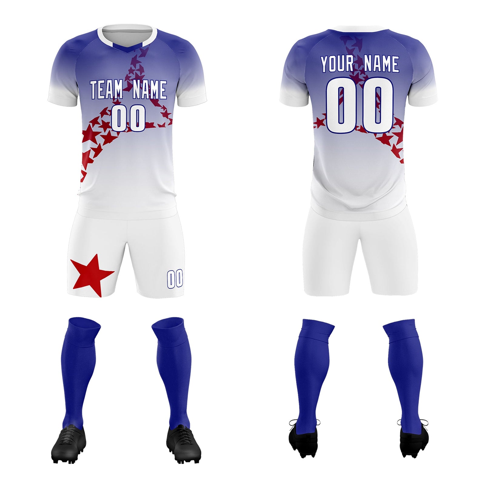 Custom Royal Red America Star World Cup Inspired Drapable Gradient Fashion Soccer Sets Jersey