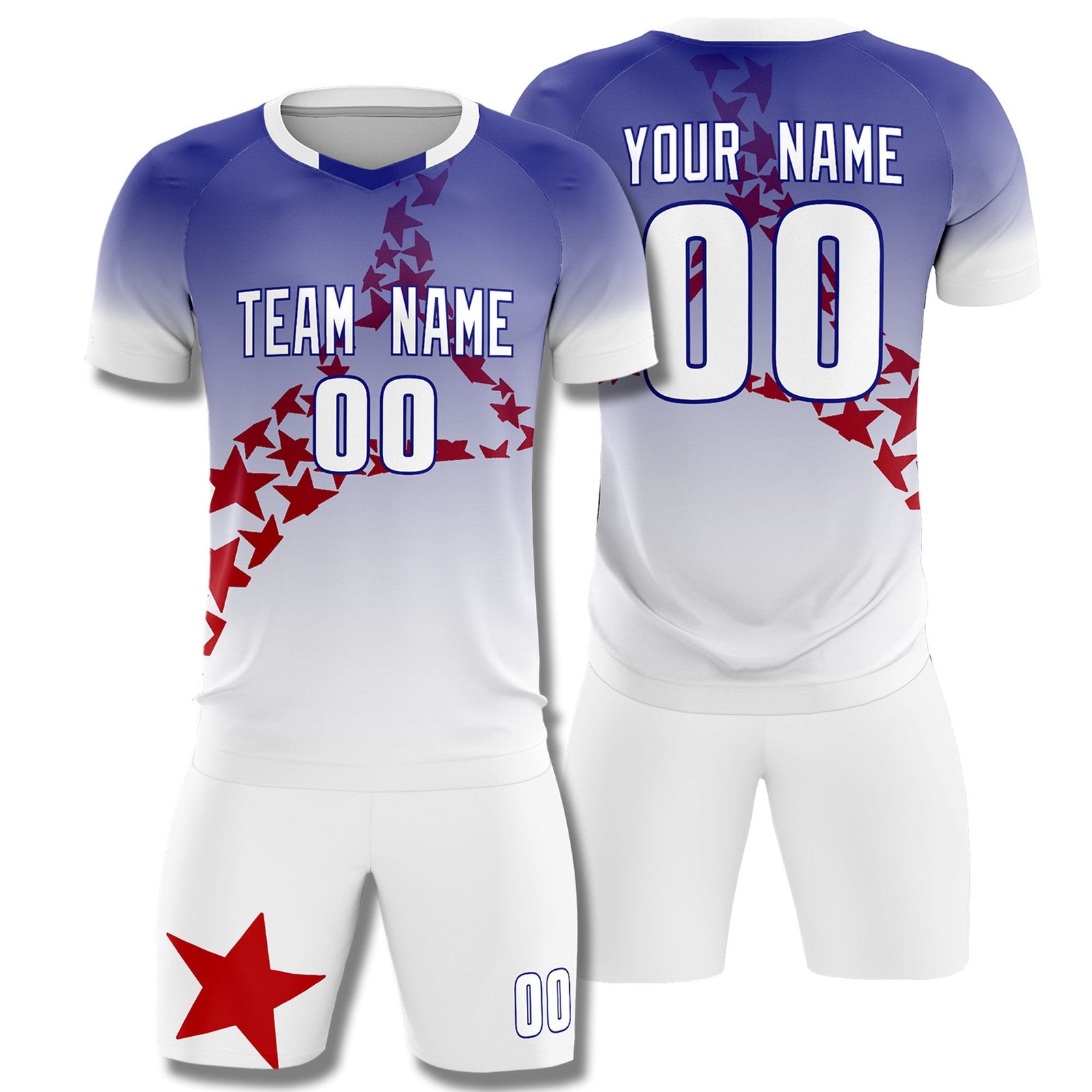 Custom Royal Red America Star World Cup Inspired Drapable Gradient Fashion Soccer Sets Jersey