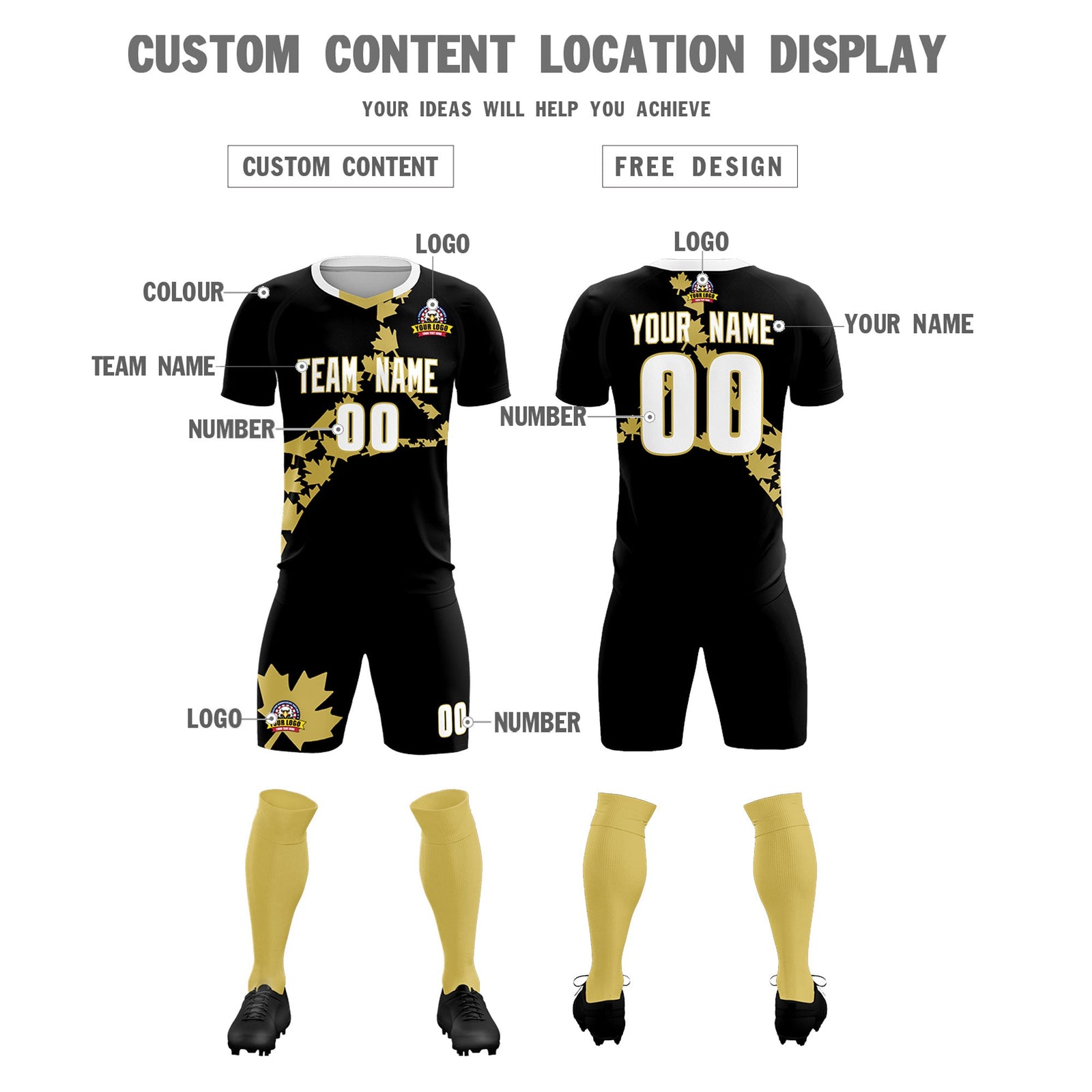 Custom Black Old Gold Canada Maple Leaves World Cup Inspired Breathable Graffiti Pattern Soccer Sets Jersey
