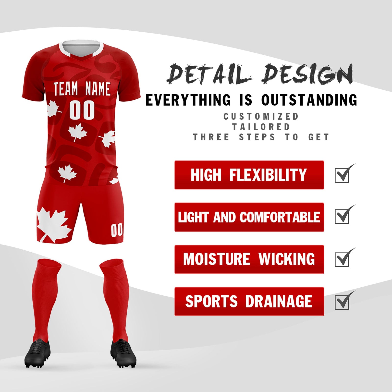 Custom Red Canada Maple Leaves World Cup Inspired Wrinkle-Resistant Graffiti Pattern Soccer Sets Jersey