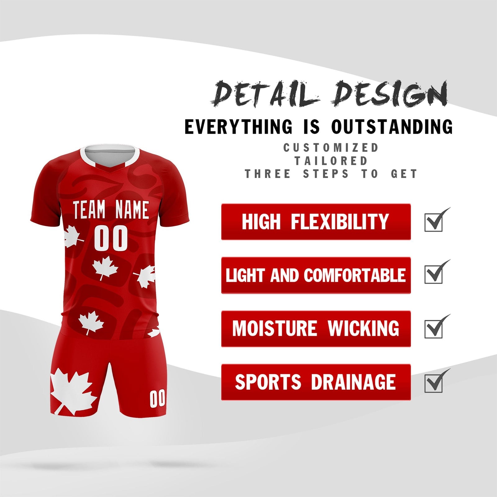 Custom Red Canada Maple Leaves World Cup Inspired Wrinkle-Resistant Graffiti Pattern Soccer Sets Jersey