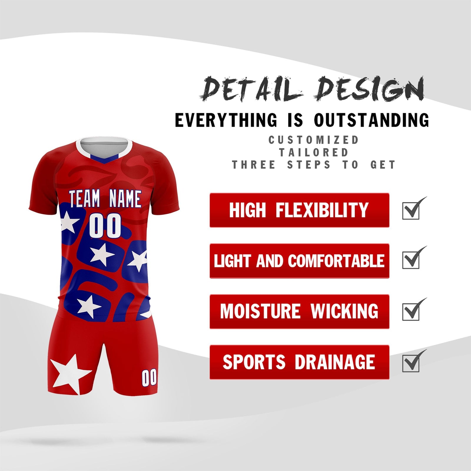 Custom Red America Star World Cup Inspired Breathable Graffiti Pattern Soccer Sets Jersey