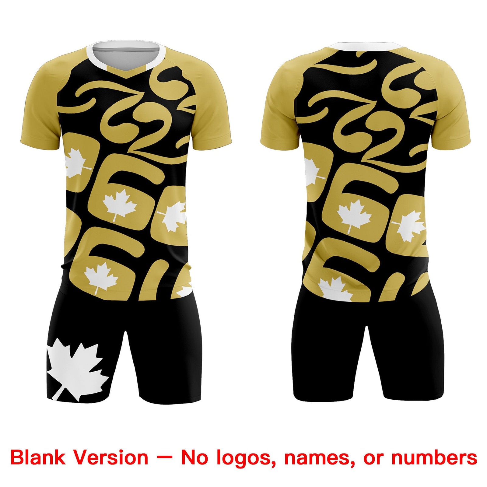 Custom Old Gold Black Canada Maple Leaves World Cup Inspired Drapable Graffiti Pattern Soccer Sets Jersey