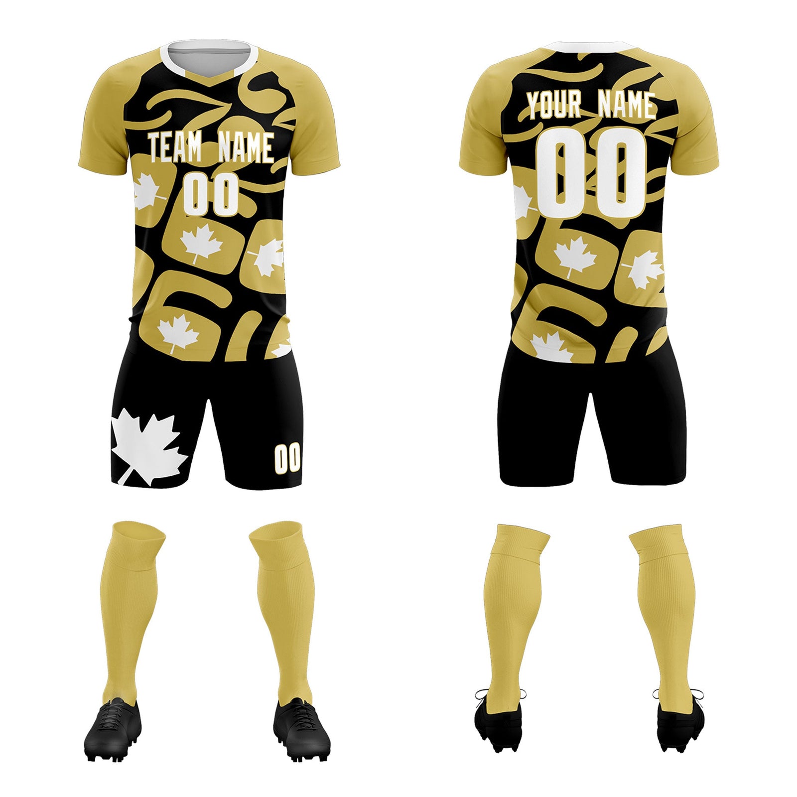Custom Old Gold Black Canada Maple Leaves World Cup Inspired Drapable Graffiti Pattern Soccer Sets Jersey