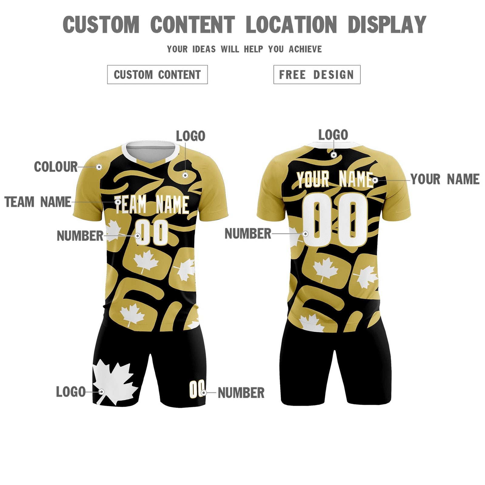 Custom Old Gold Black Canada Maple Leaves World Cup Inspired Drapable Graffiti Pattern Soccer Sets Jersey
