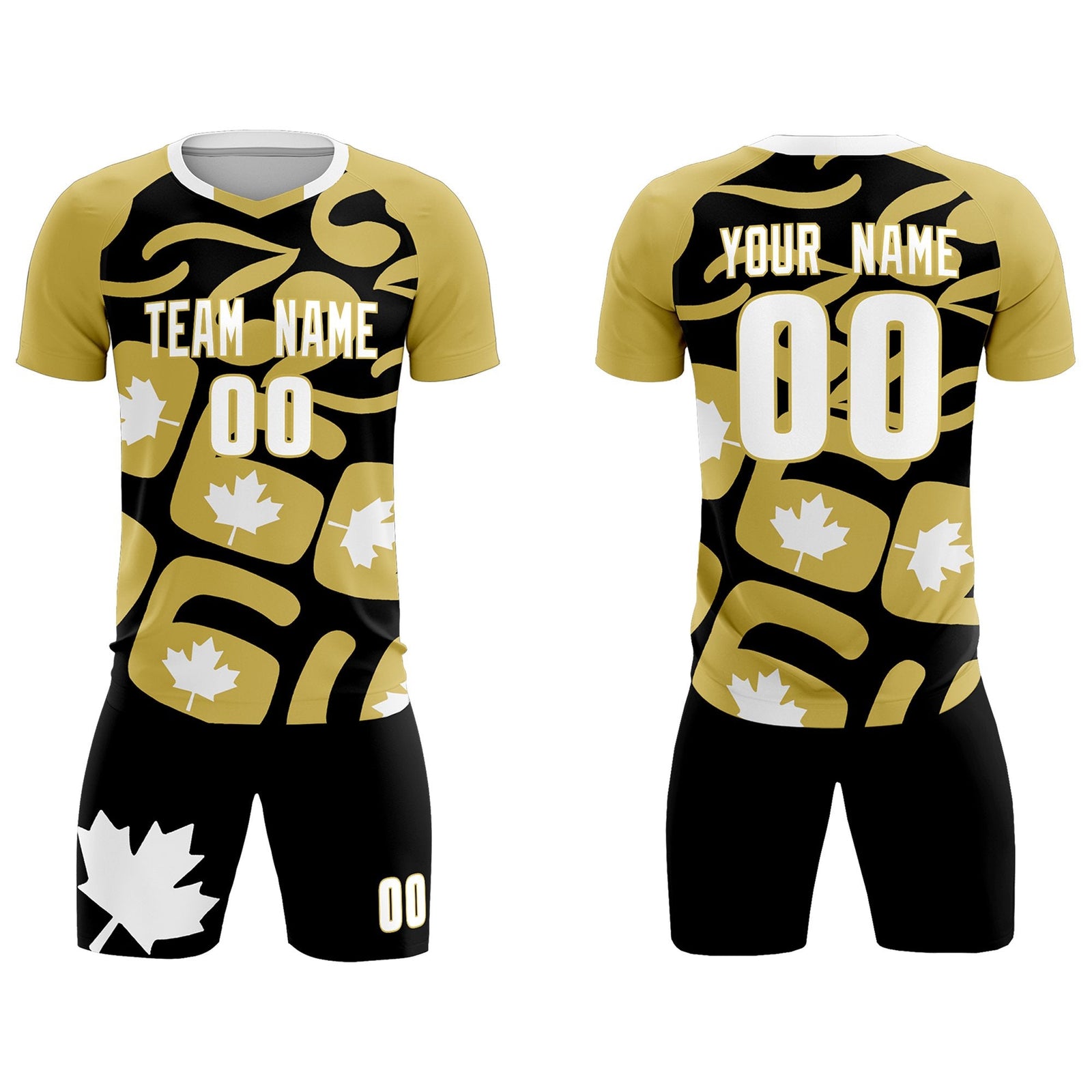 Custom Old Gold Black Canada Maple Leaves World Cup Inspired Drapable Graffiti Pattern Soccer Sets Jersey