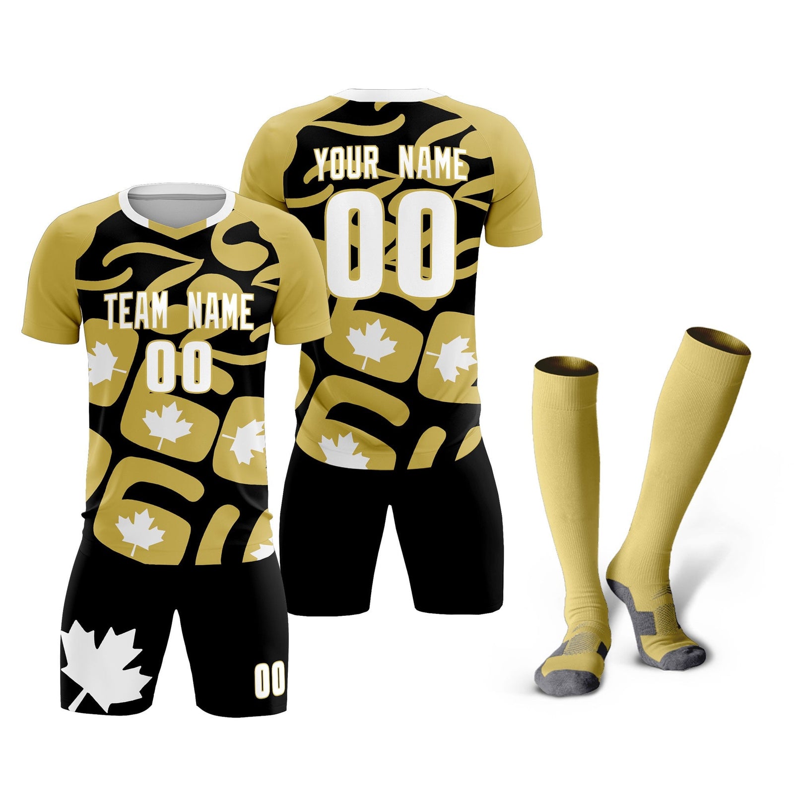 Custom Old Gold Black Canada Maple Leaves World Cup Inspired Drapable Graffiti Pattern Soccer Sets Jersey