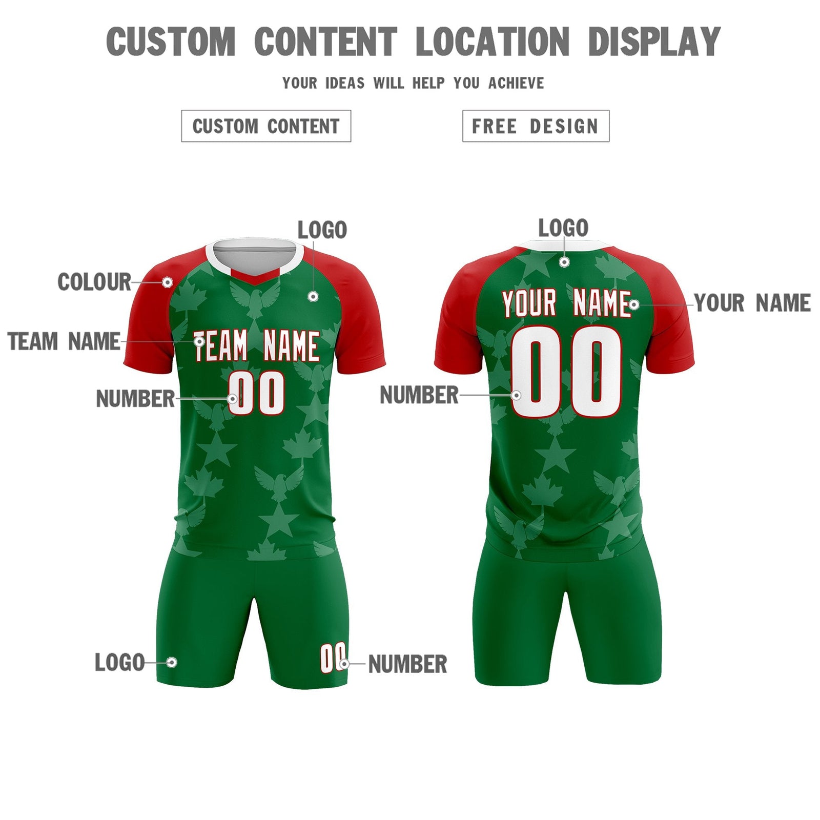 Custom Red Kelly Green World Cup Inspired Lightweight&Drapable Training Uniform Raglan Sleeve Soccer Sets Jersey