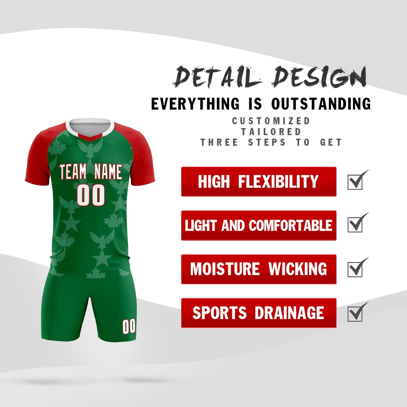 Custom Red Kelly Green World Cup Inspired Lightweight&Drapable Training Uniform Raglan Sleeve Soccer Sets Jersey