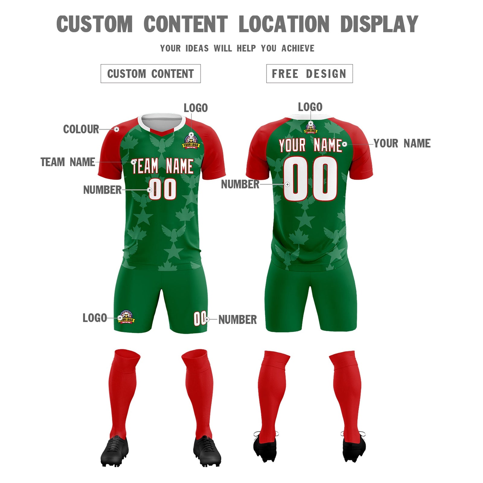 Custom Red Kelly Green World Cup Inspired Lightweight&Drapable Training Uniform Raglan Sleeve Soccer Sets Jersey