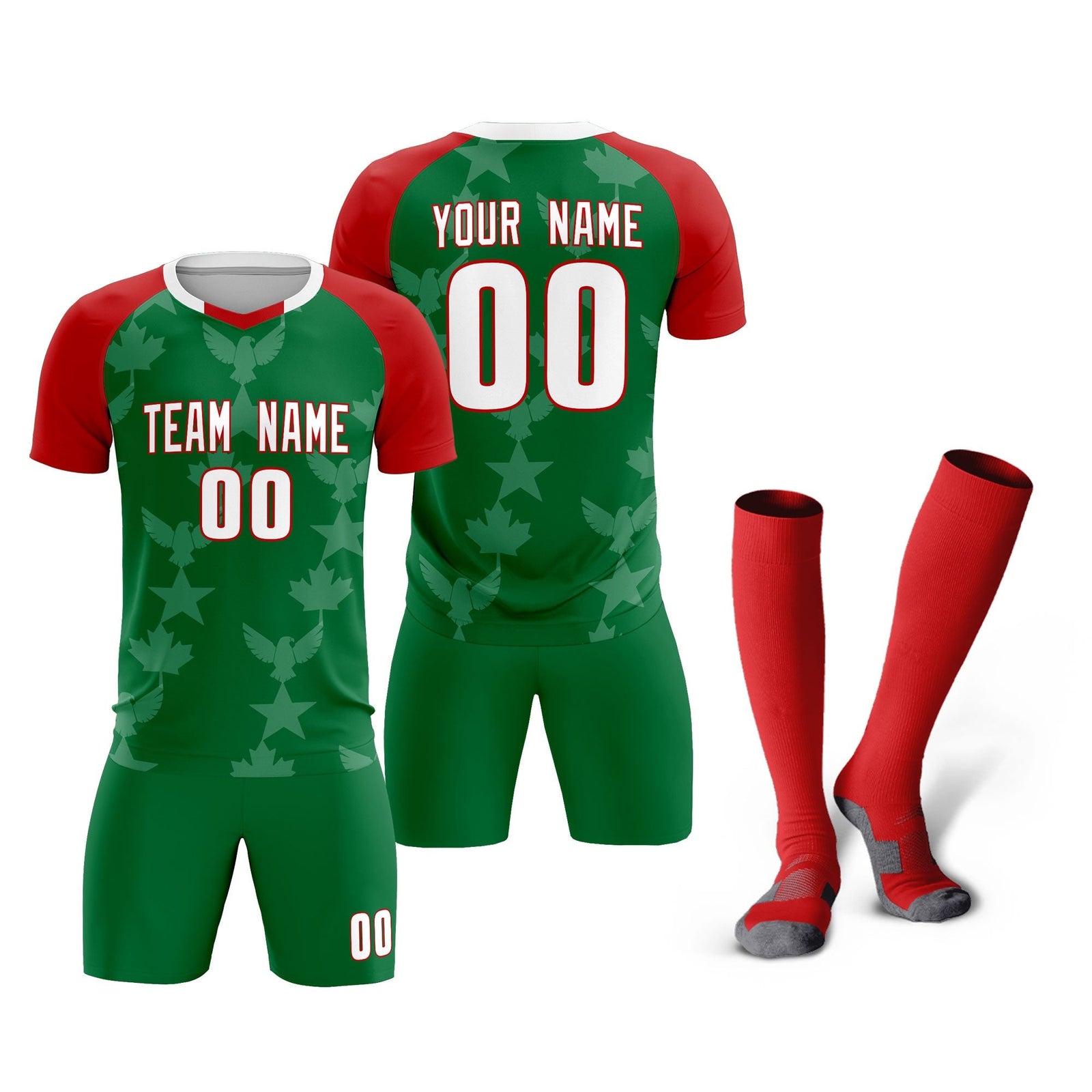 Custom Red Kelly Green World Cup Inspired Lightweight&Drapable Training Uniform Raglan Sleeve Soccer Sets Jersey