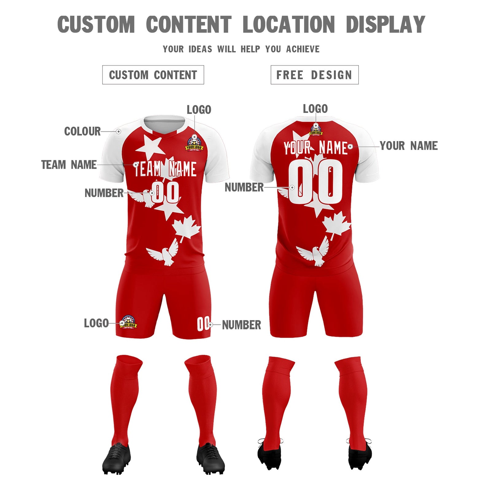 Custom White Red World Cup Inspired Lightweight&Drapable Training Uniform Raglan Sleeve Soccer Sets Jersey