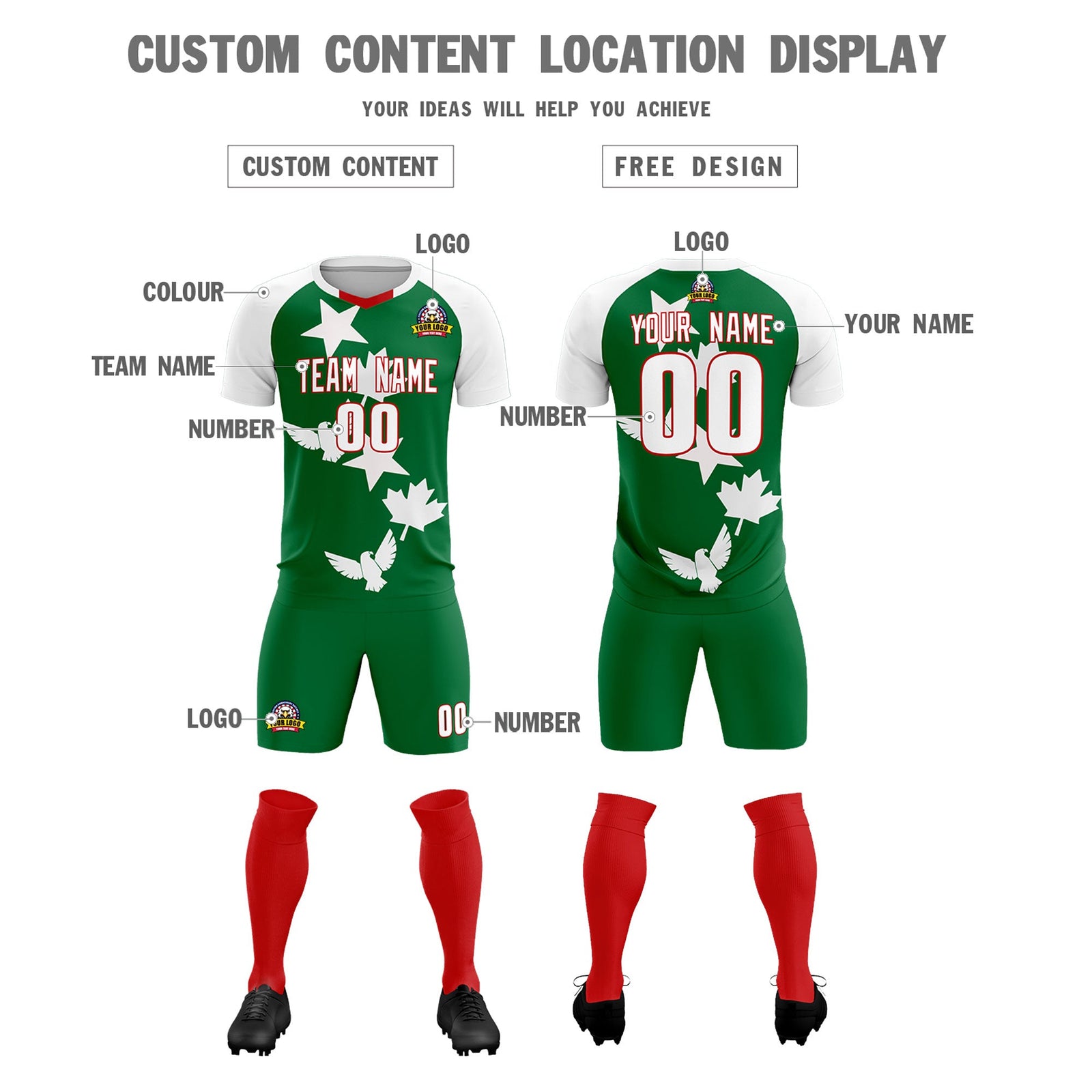 Custom White Kelly Green World Cup Inspired Wrinkle-Resistant Training Uniform Raglan Sleeve Soccer Sets Jersey