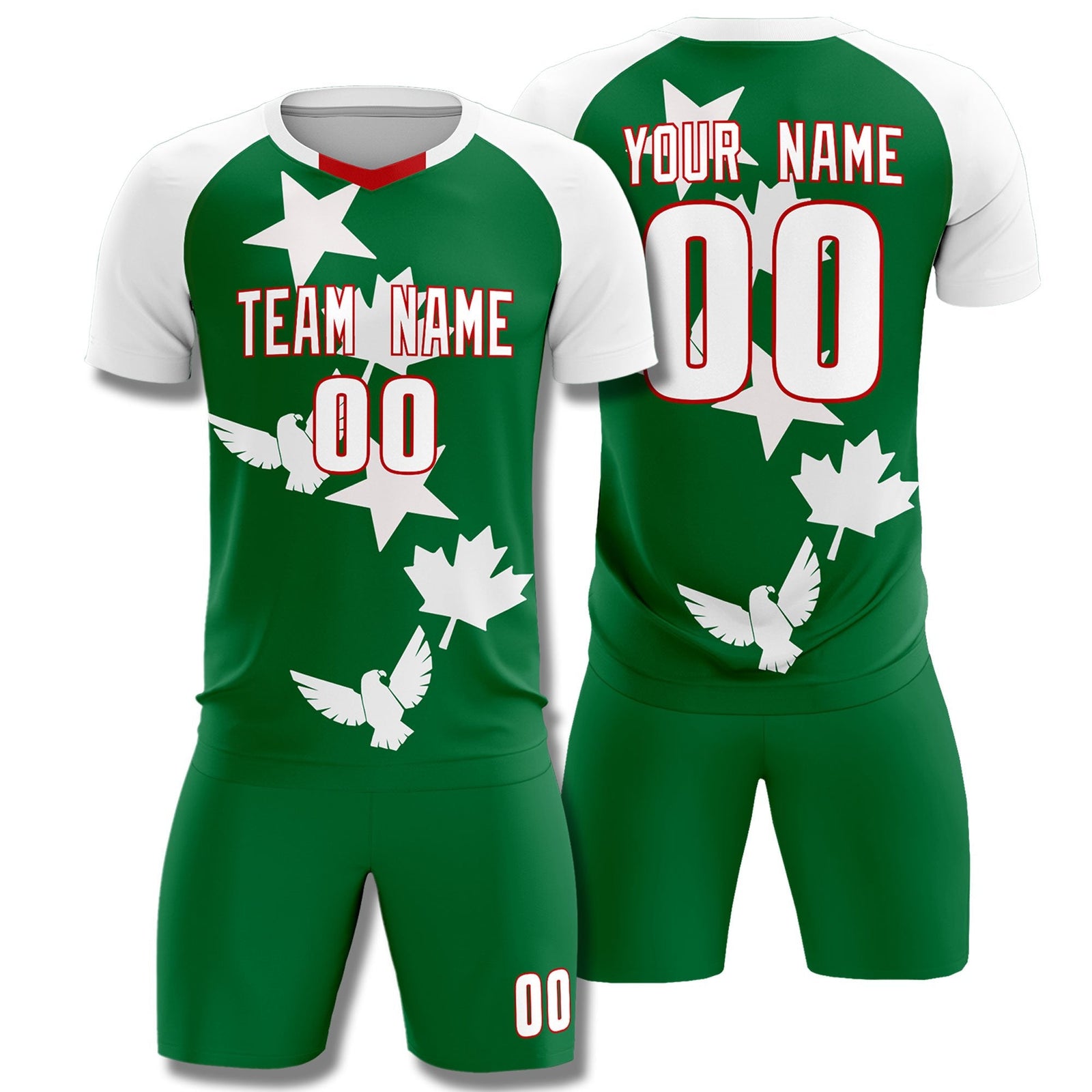 Custom White Kelly Green World Cup Inspired Wrinkle-Resistant Training Uniform Raglan Sleeve Soccer Sets Jersey