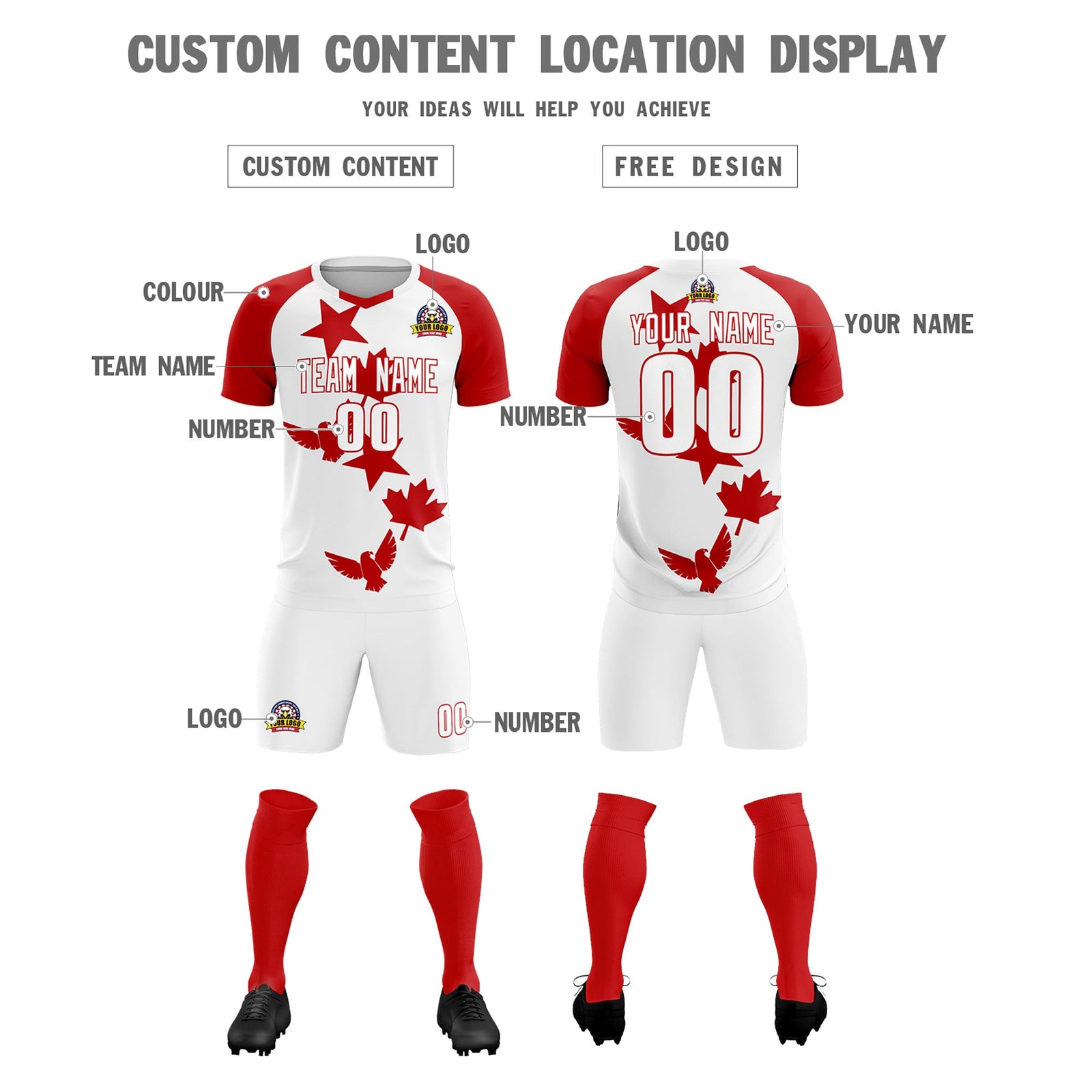 Custom Red White World Cup Inspired Lightweight&Drapable Training Uniform Raglan Sleeve Soccer Sets Jersey