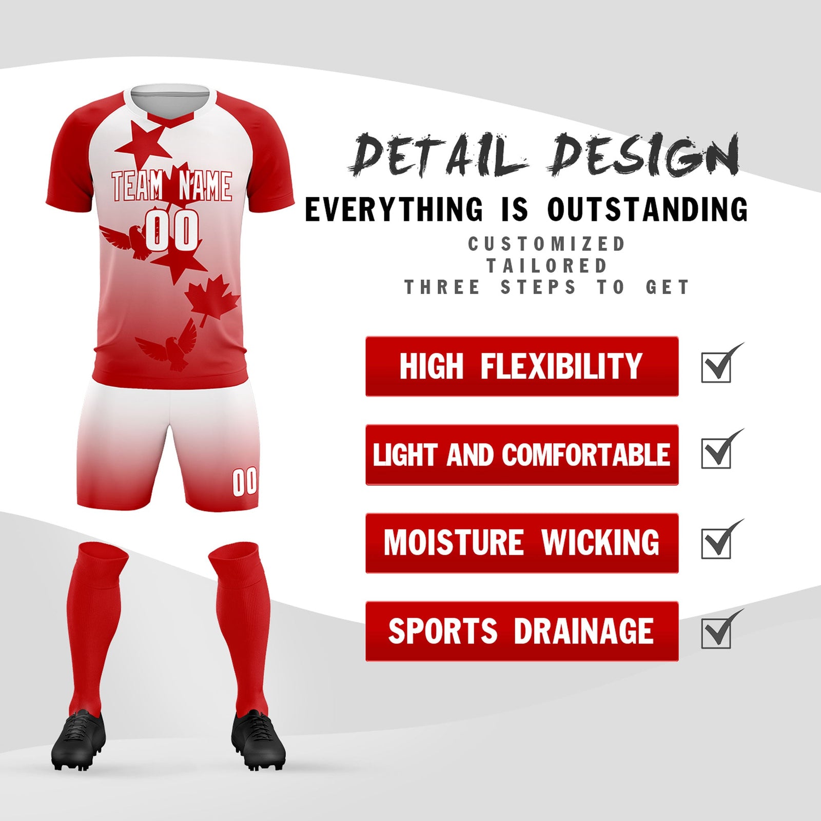 Custom Red White World Cup Inspired Wrinkle-Resistant Training Uniform Gradient Fashion Soccer Sets Jersey