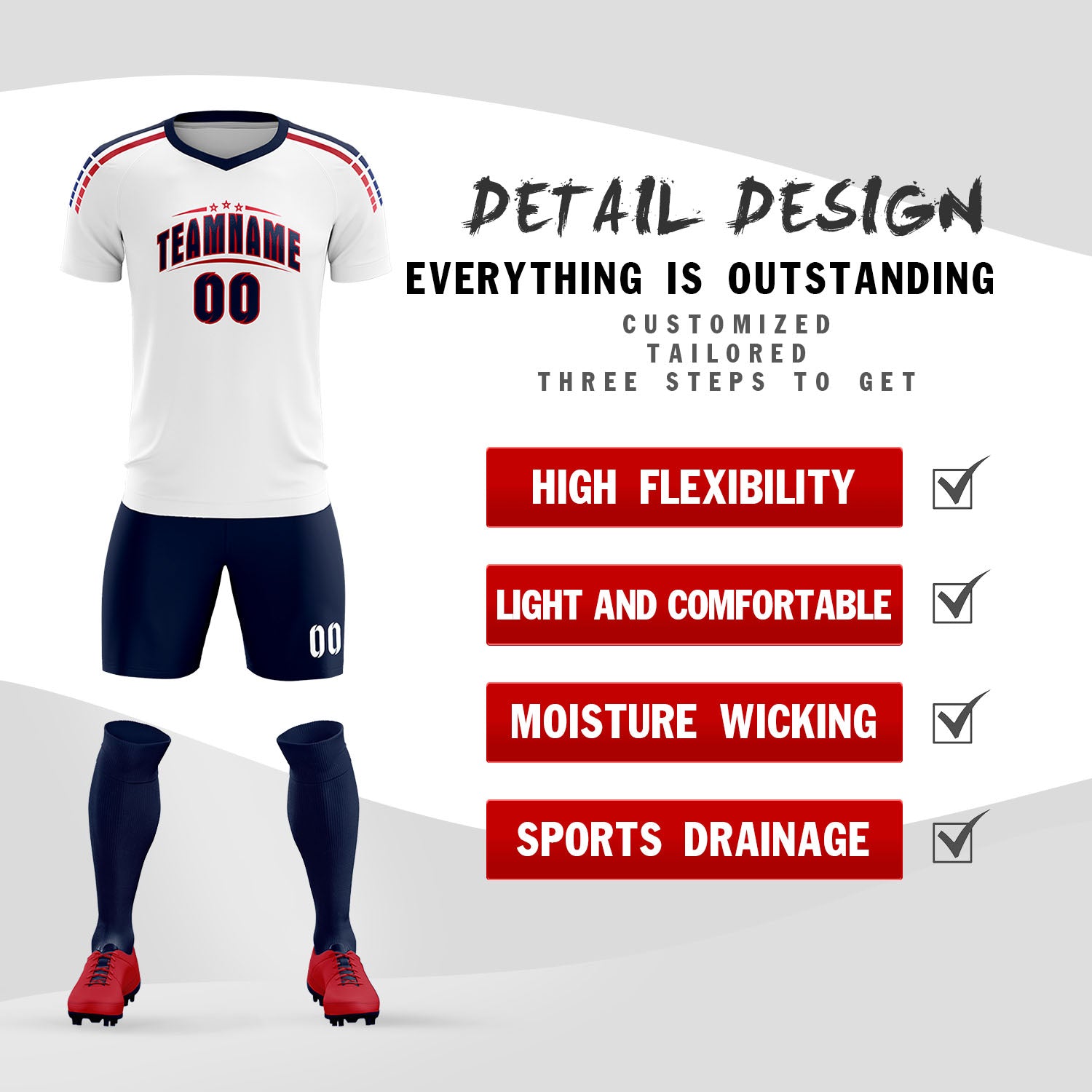 Custom white Striped Quick Dry Tops Soccer Sets Jersey