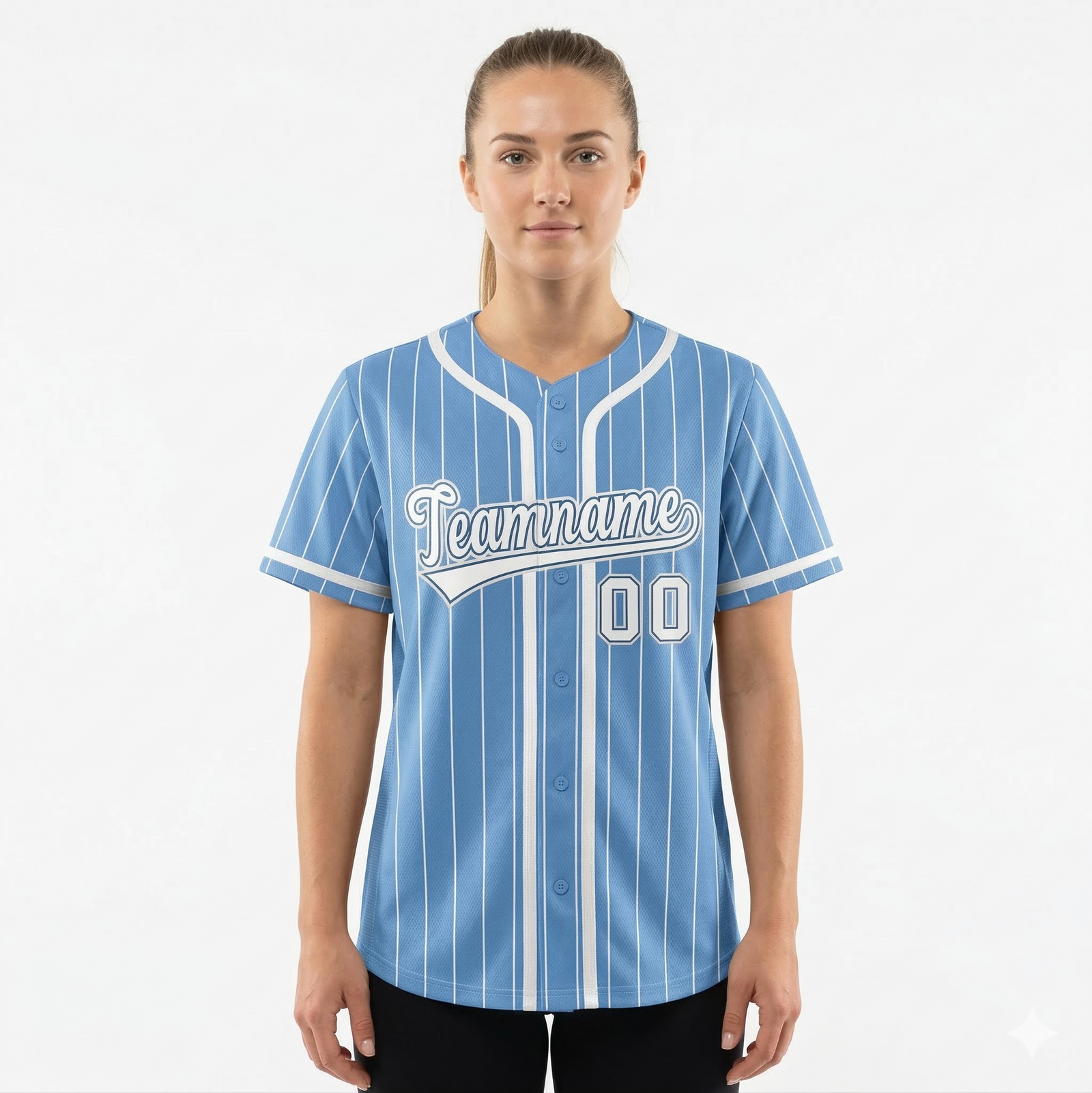 Custom Light Blue White Stripe Fashion Design Full Button Authentic Baseball Jersey For Women | KXKSHOP