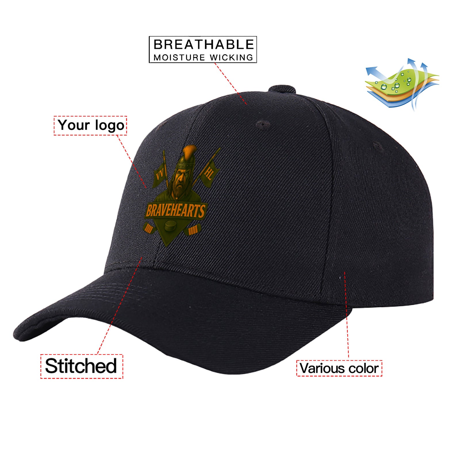 VVHL Black S9-Bravehearts 3D Puff Embroidery Flat Embroidery Baseball Cap