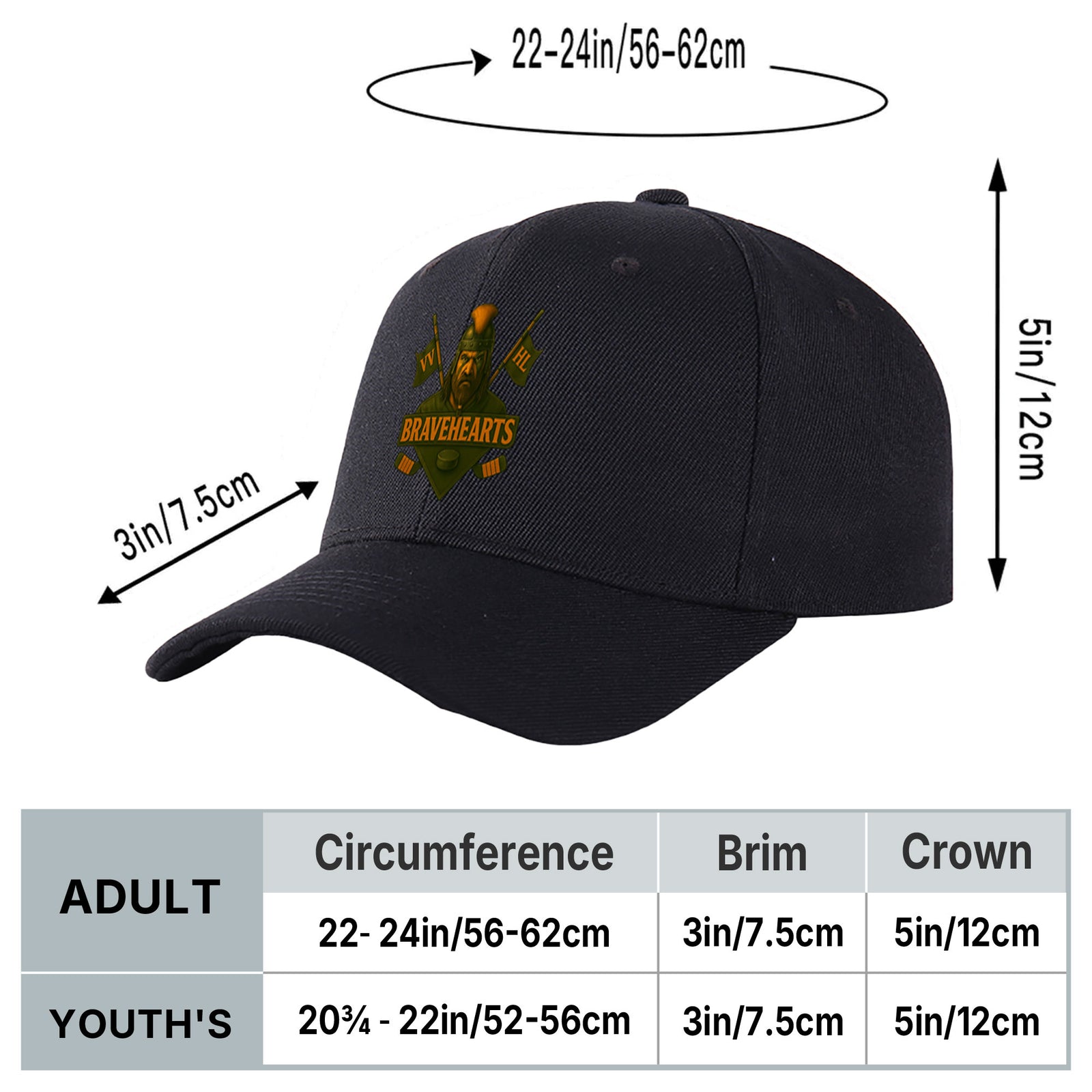 VVHL Black S9-Bravehearts 3D Puff Embroidery Flat Embroidery Baseball Cap