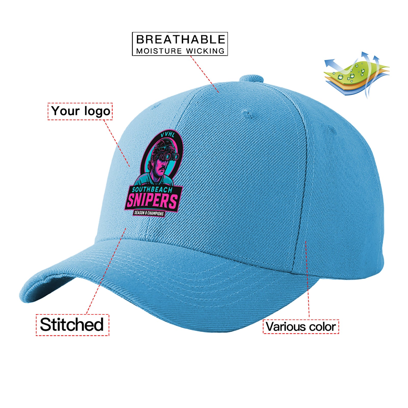 VVHL Powder Blue S9-South-Beach-Snipers 3D Puff Embroidery Flat Embroidery Baseball Cap