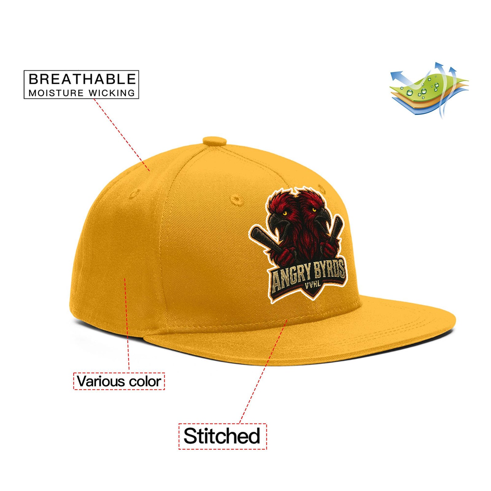 VVHL Old Gold S7-Angry-Byrds-1 3D Puff Embroidery Flat Embroidery Baseball Cap