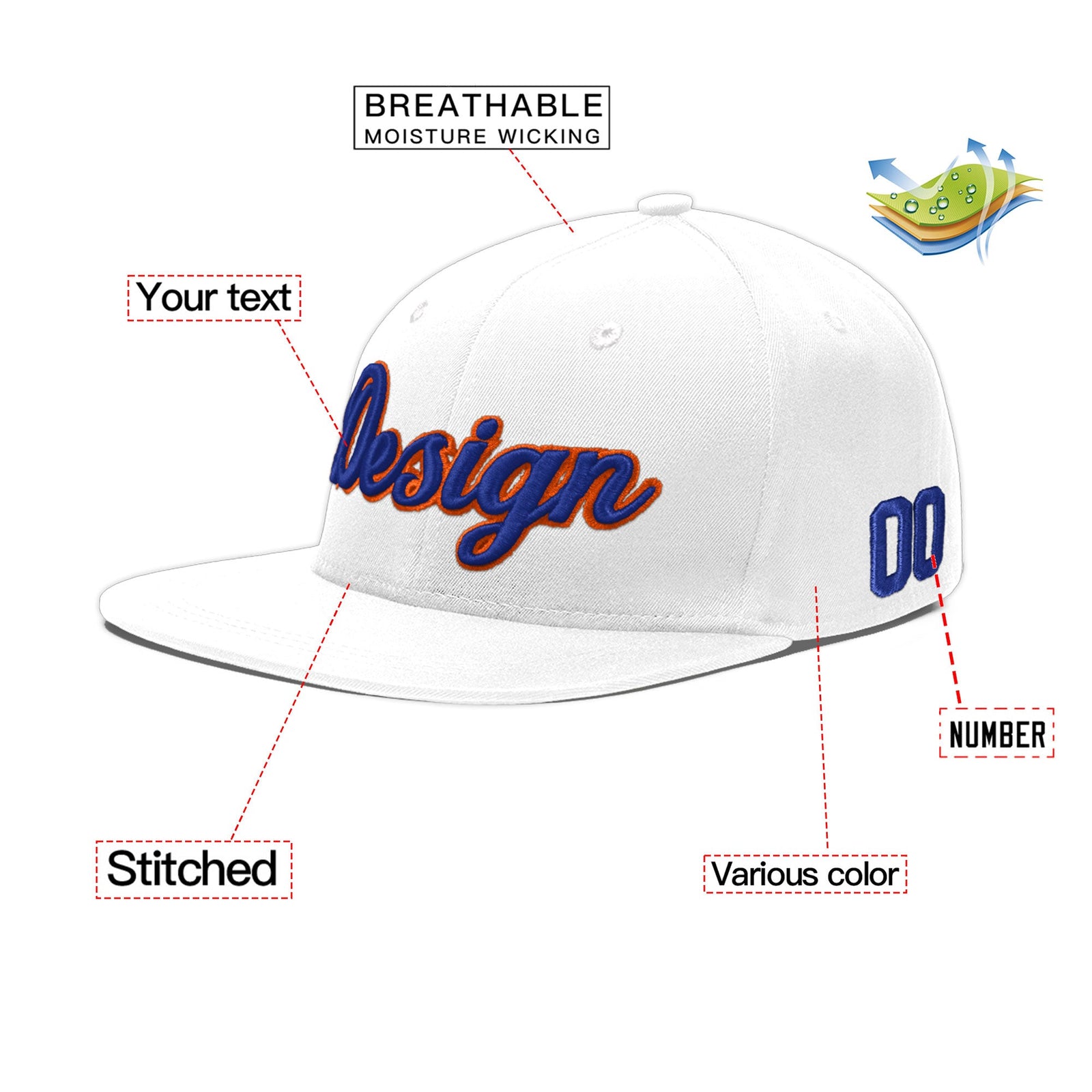 Custom White 3D Puff Embroidery Flat Embroidery Casual Sport Baseball Cap